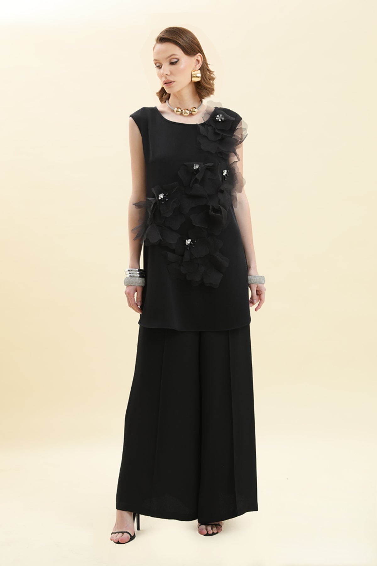 Floral Appliqué & Organza Embellished Sleeveless Tunic