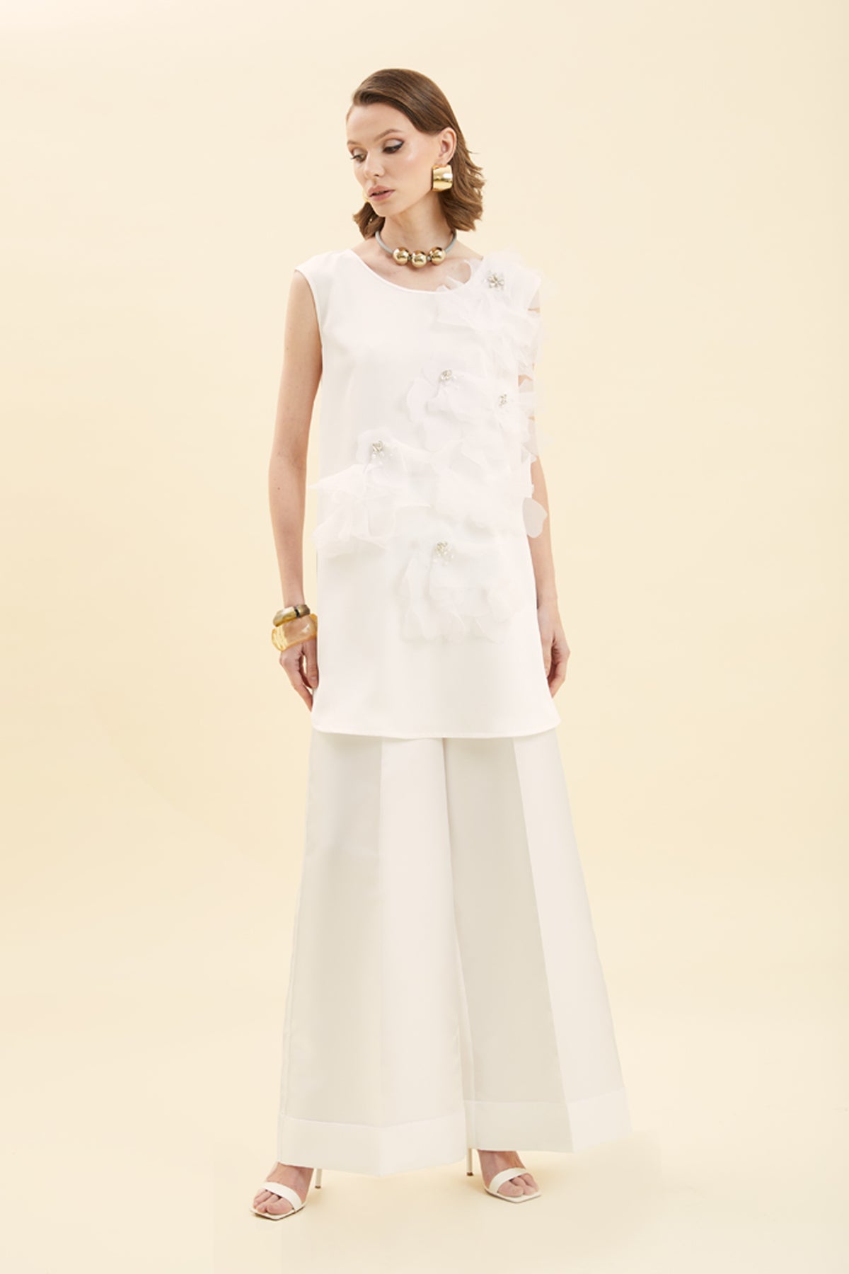 Floral Appliqué & Organza Embellished Sleeveless Tunic