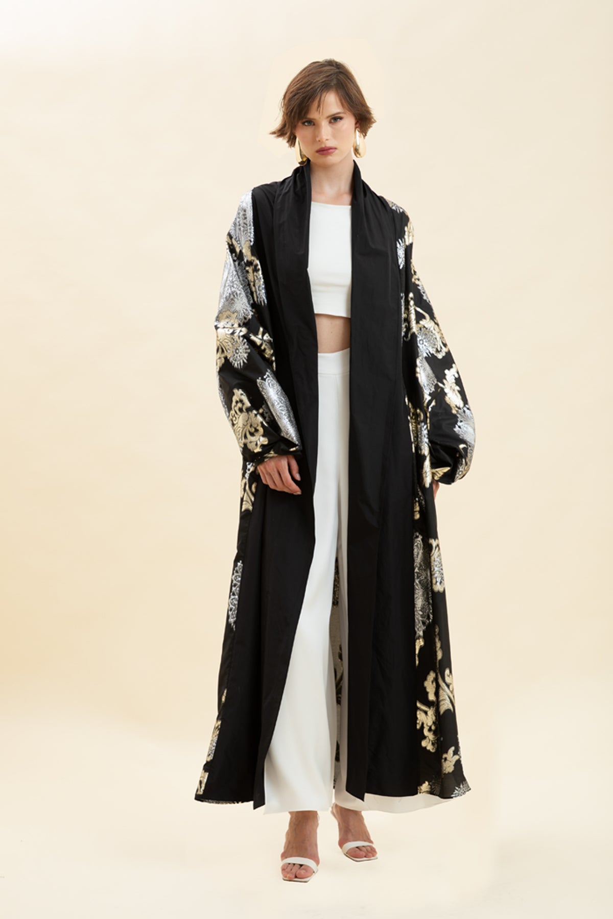Brocade-Panel Open-Front Long Kaftan