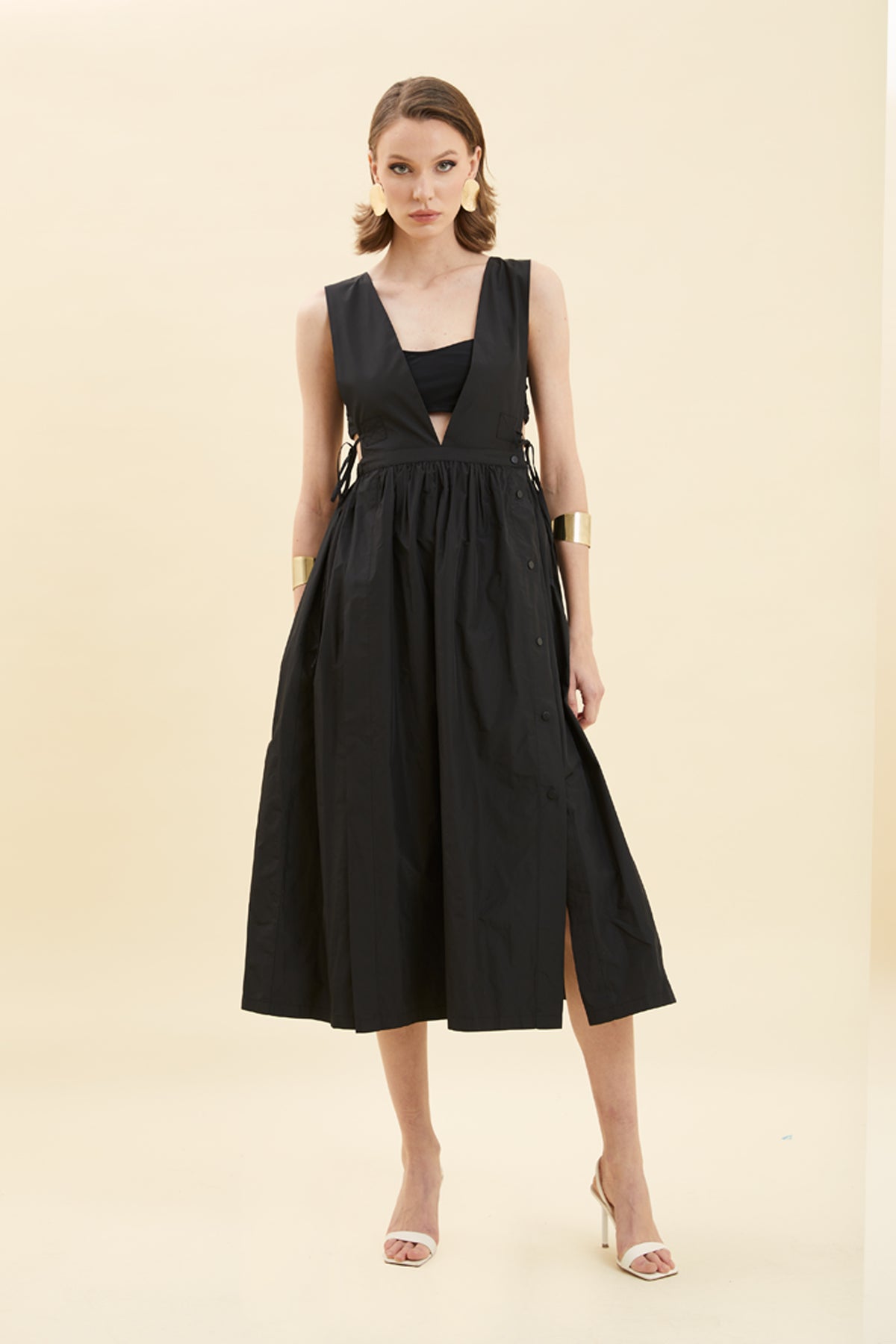 V-Neck Button-Accented Midi Dress