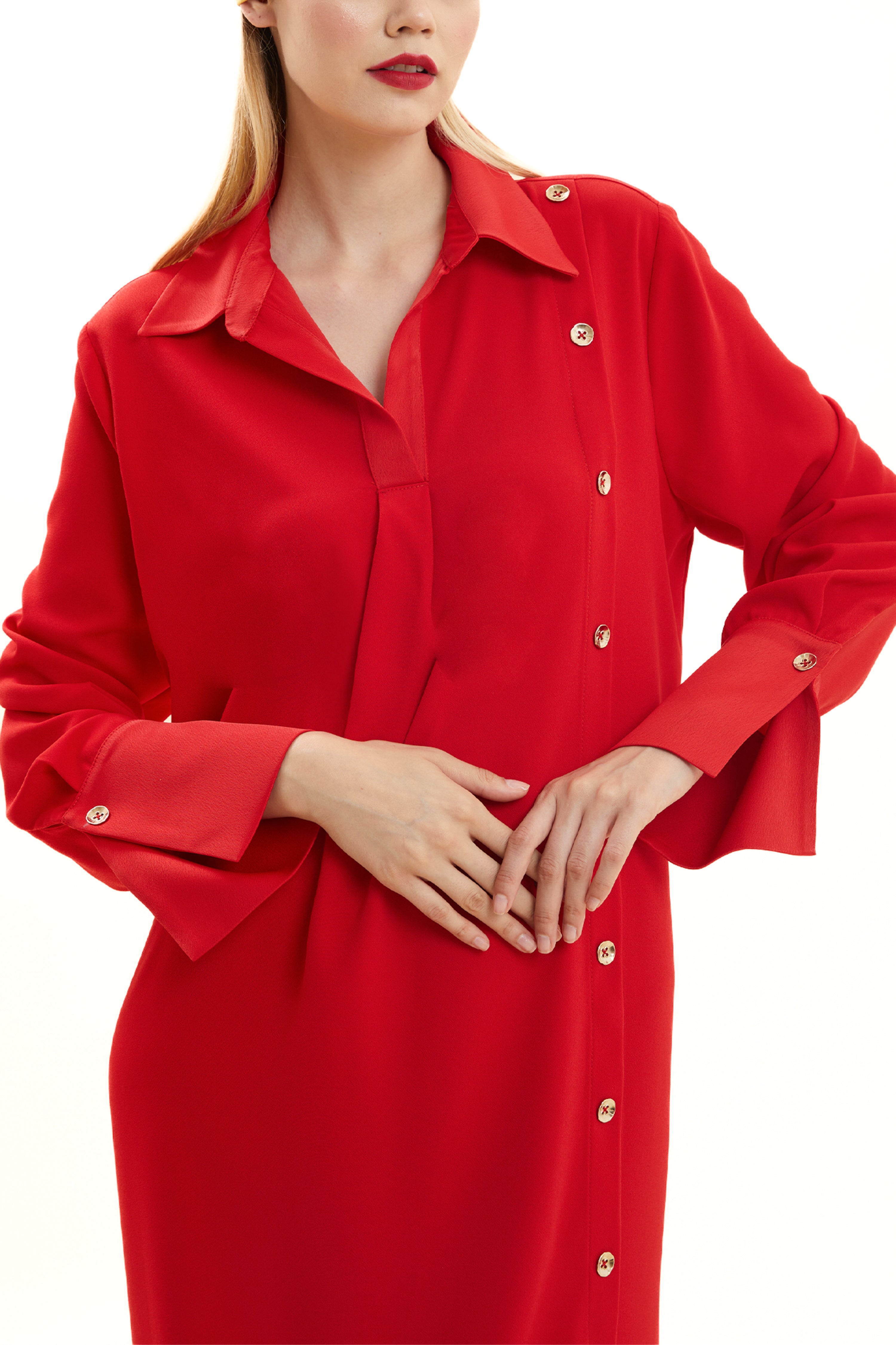Button-Detailed Asymmetrical Crepe Dress
