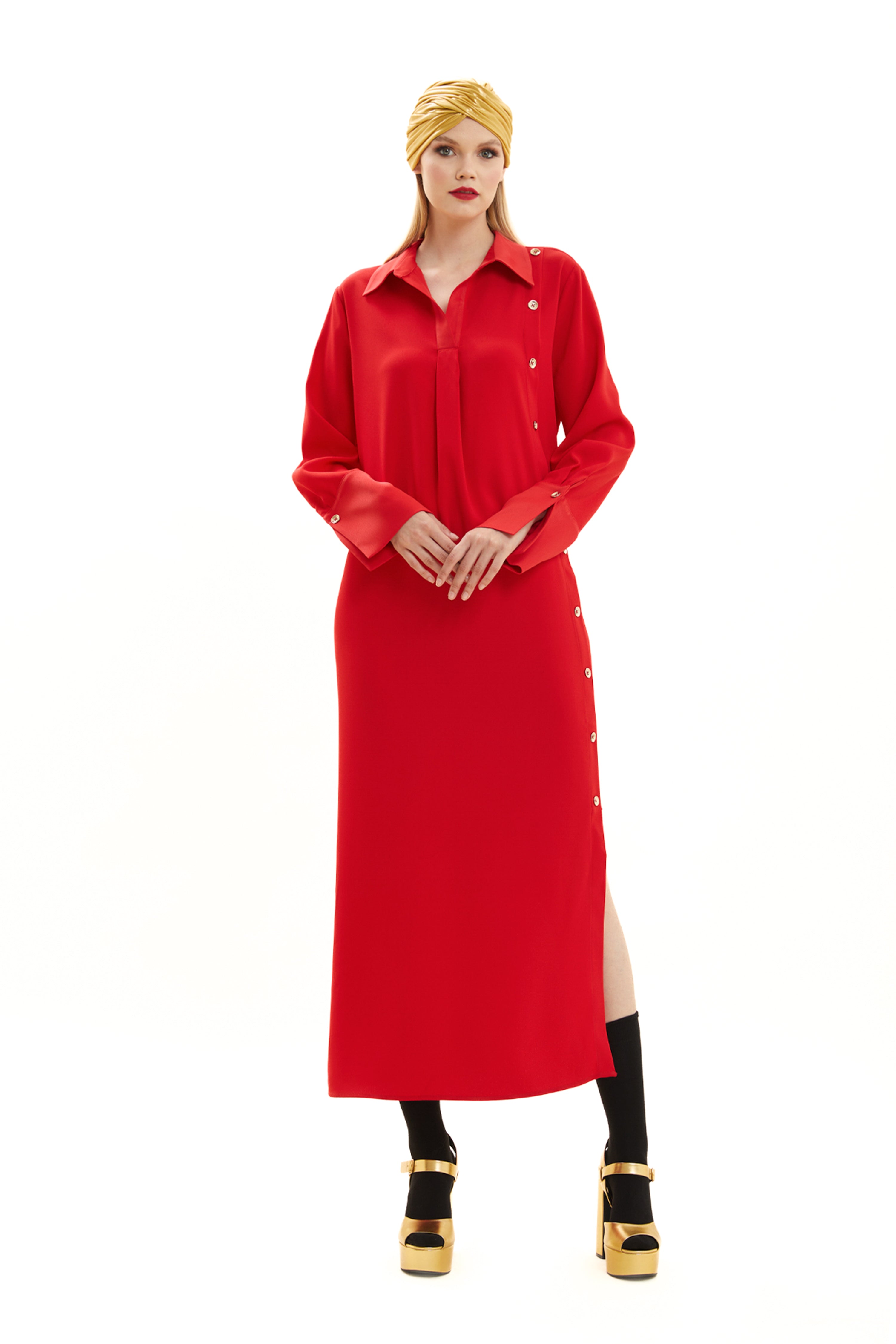 Button-Detailed Asymmetrical Crepe Dress