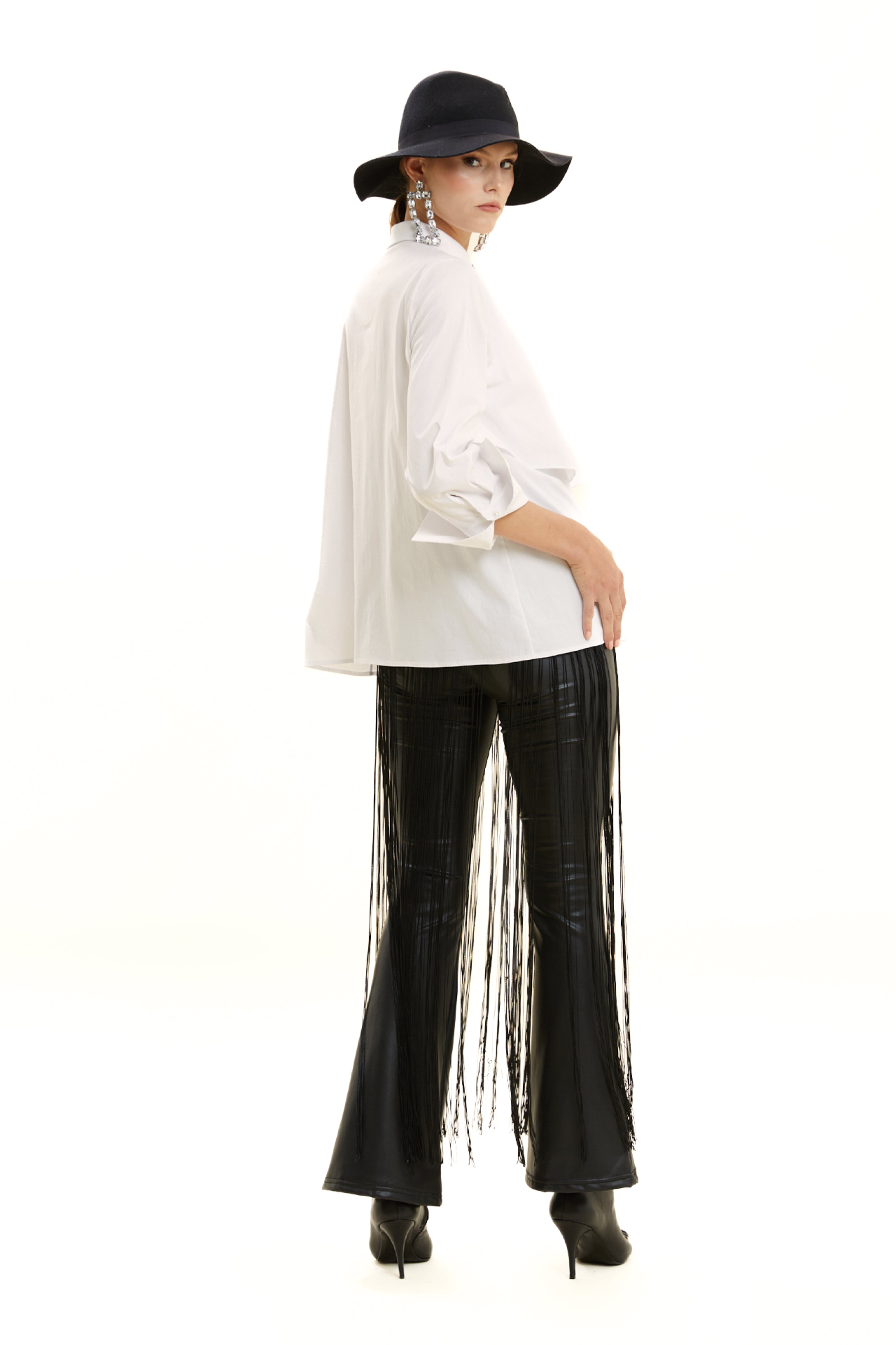 Embroidered Flounce Collar Cotton Shirt
