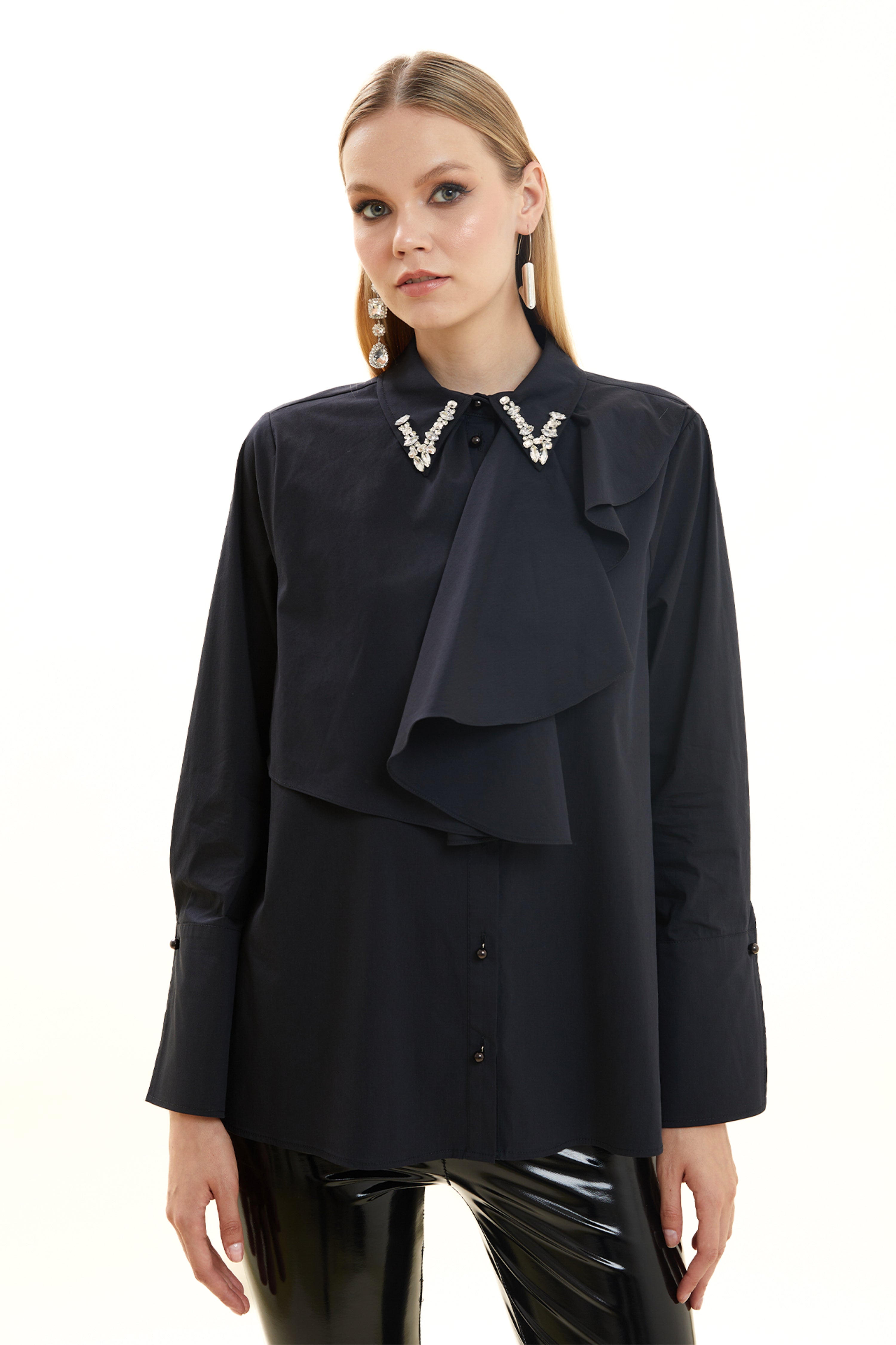 Embroidered Flounce Collar Cotton Shirt
