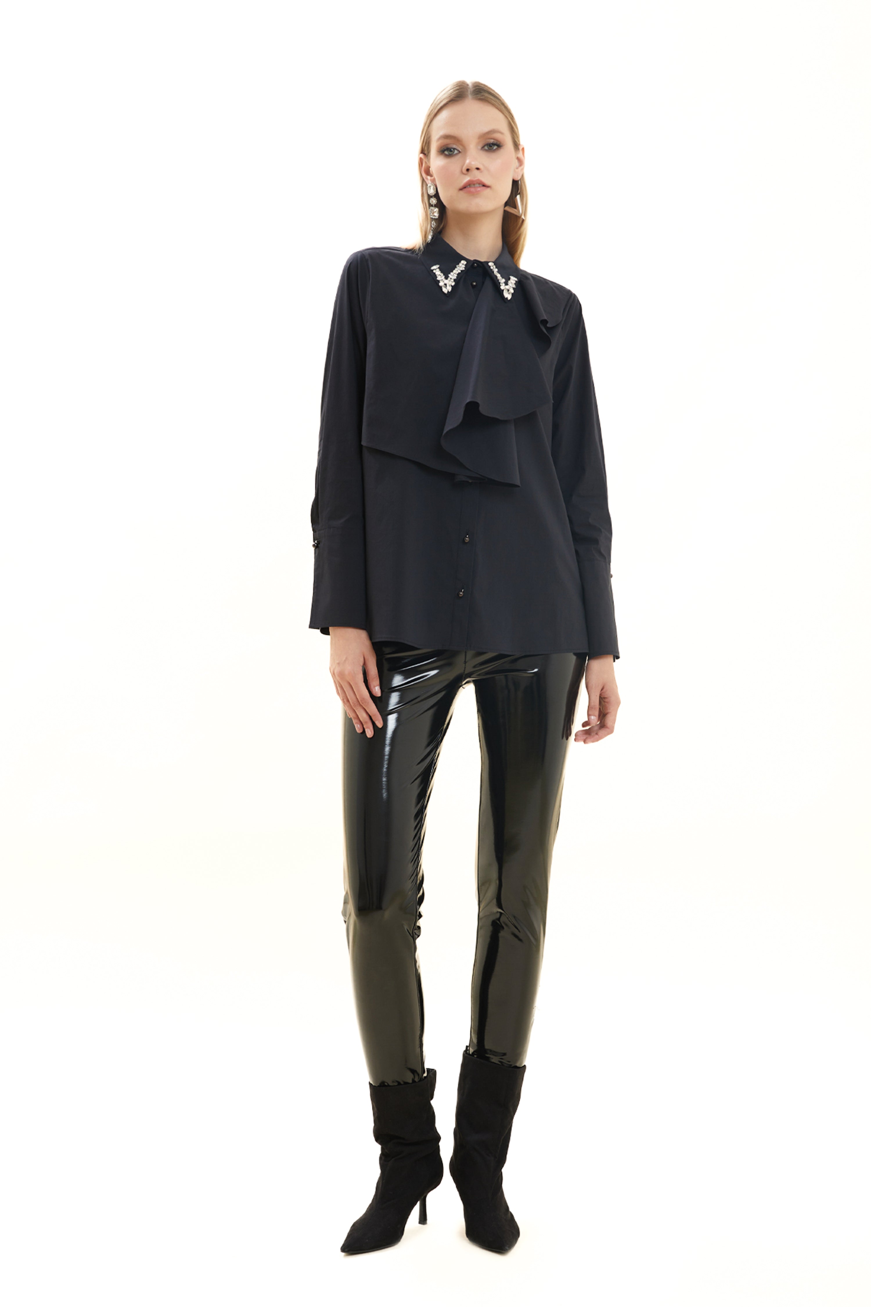 Embroidered Flounce Collar Cotton Shirt