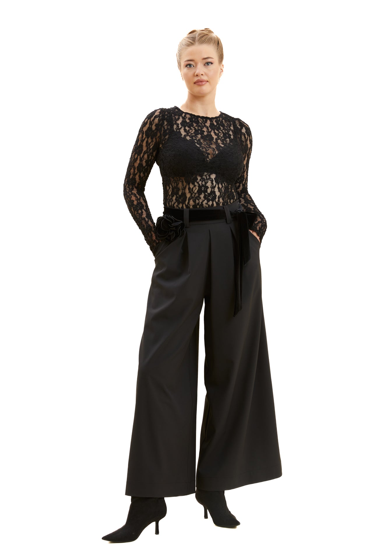 【CS】belt wide throusers Wide-Leg Trousers with Belt Detail