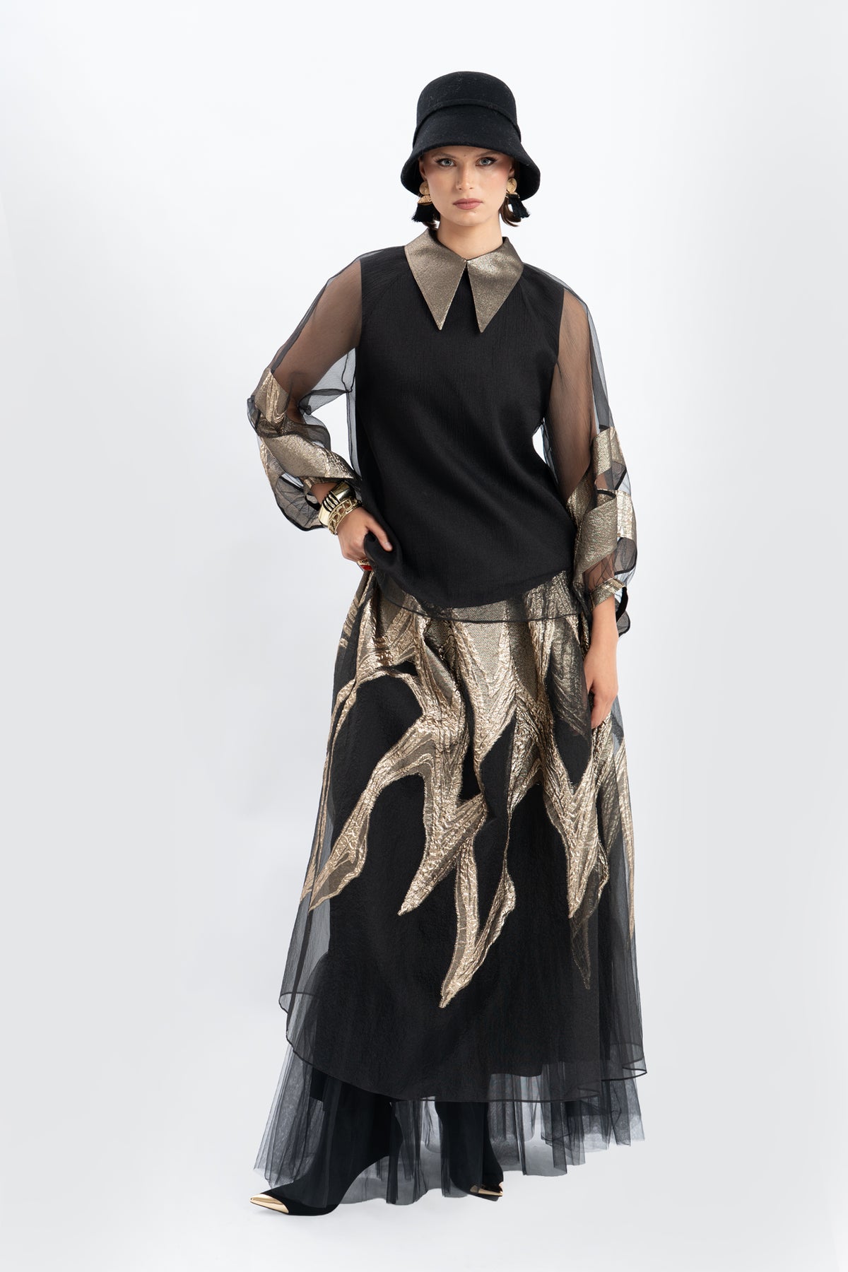 Black-Gold Brocade Appliqué Sheer Mesh Tunic & Skirt Set