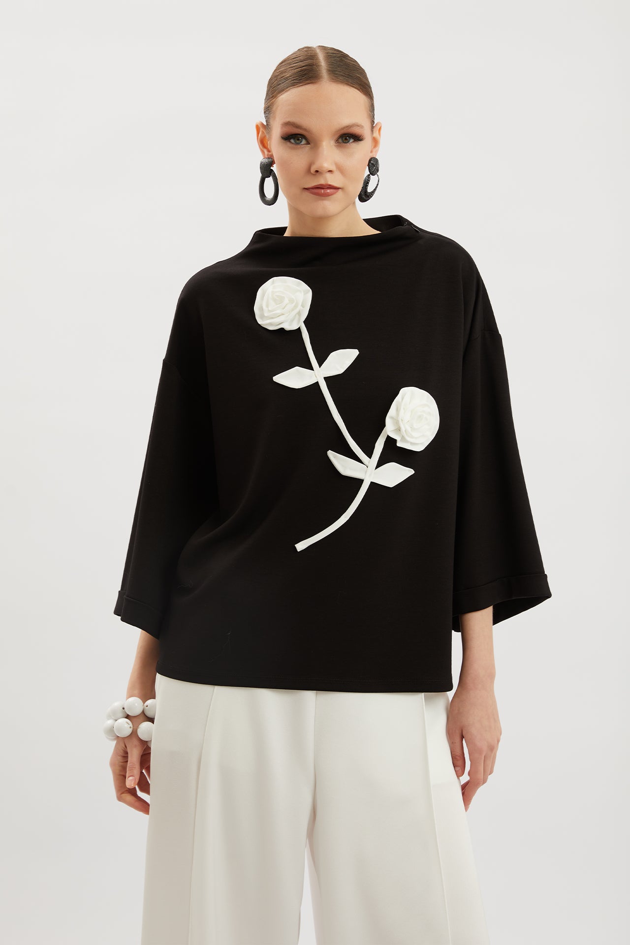 Blouse with Applique Rose Embroidery