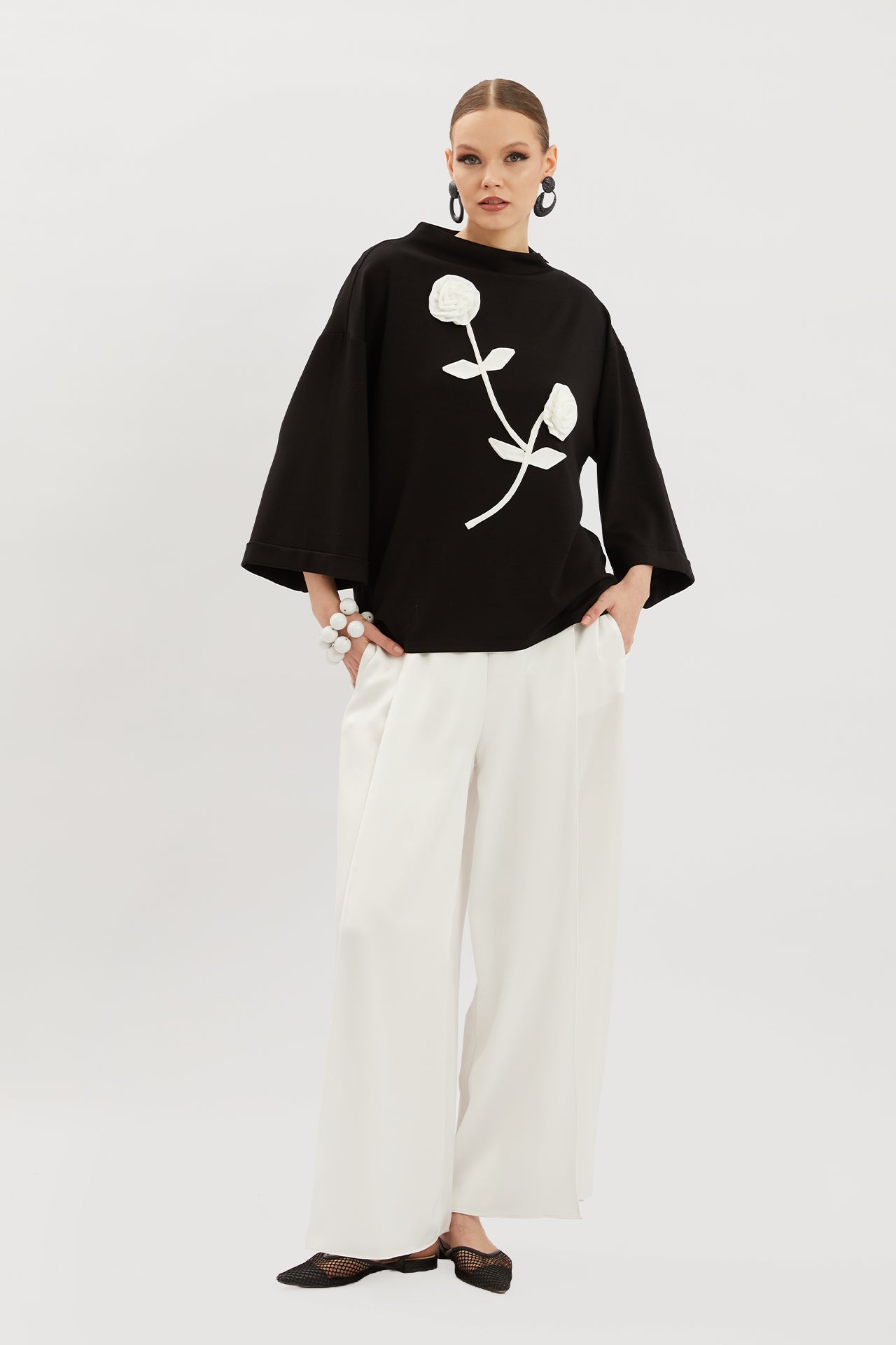 Blouse with Applique Rose Embroidery