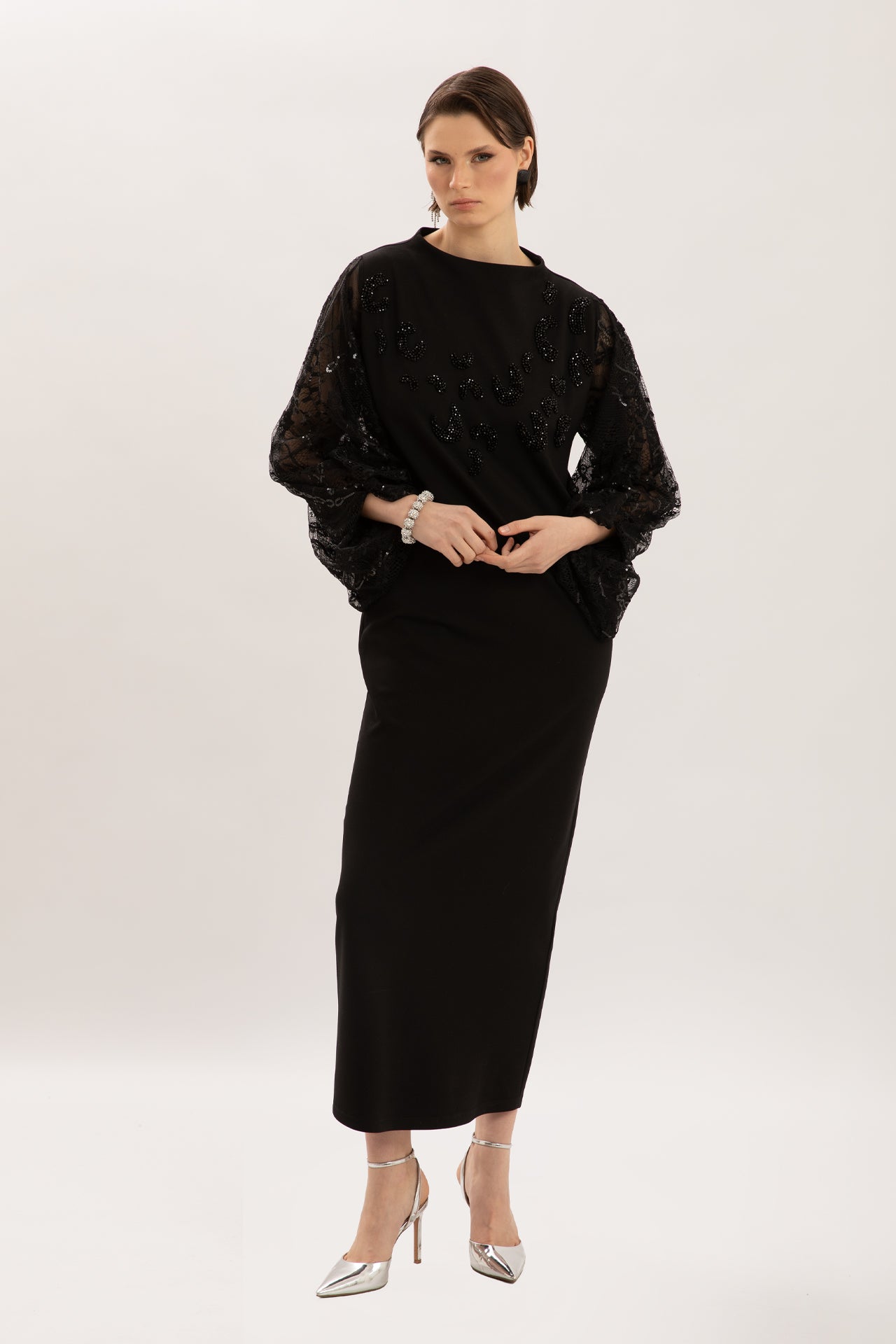 Beaded Lace Balloon Sleeve Black Midi Dress