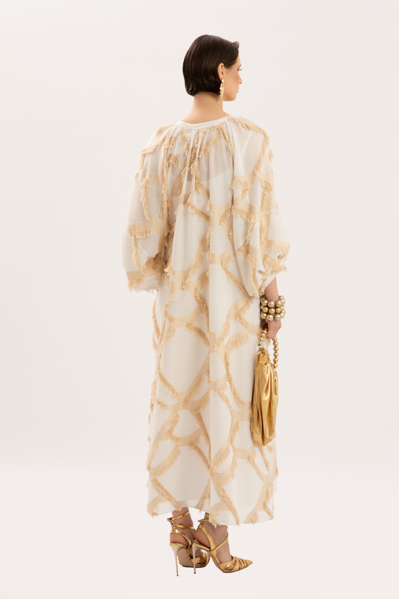 Ecru Maxi Dress with Geometric Texture and Brooch Detail
