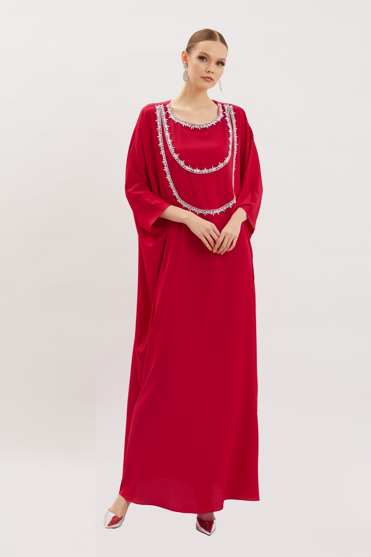 Stone Embellished Red Kaftan Dress