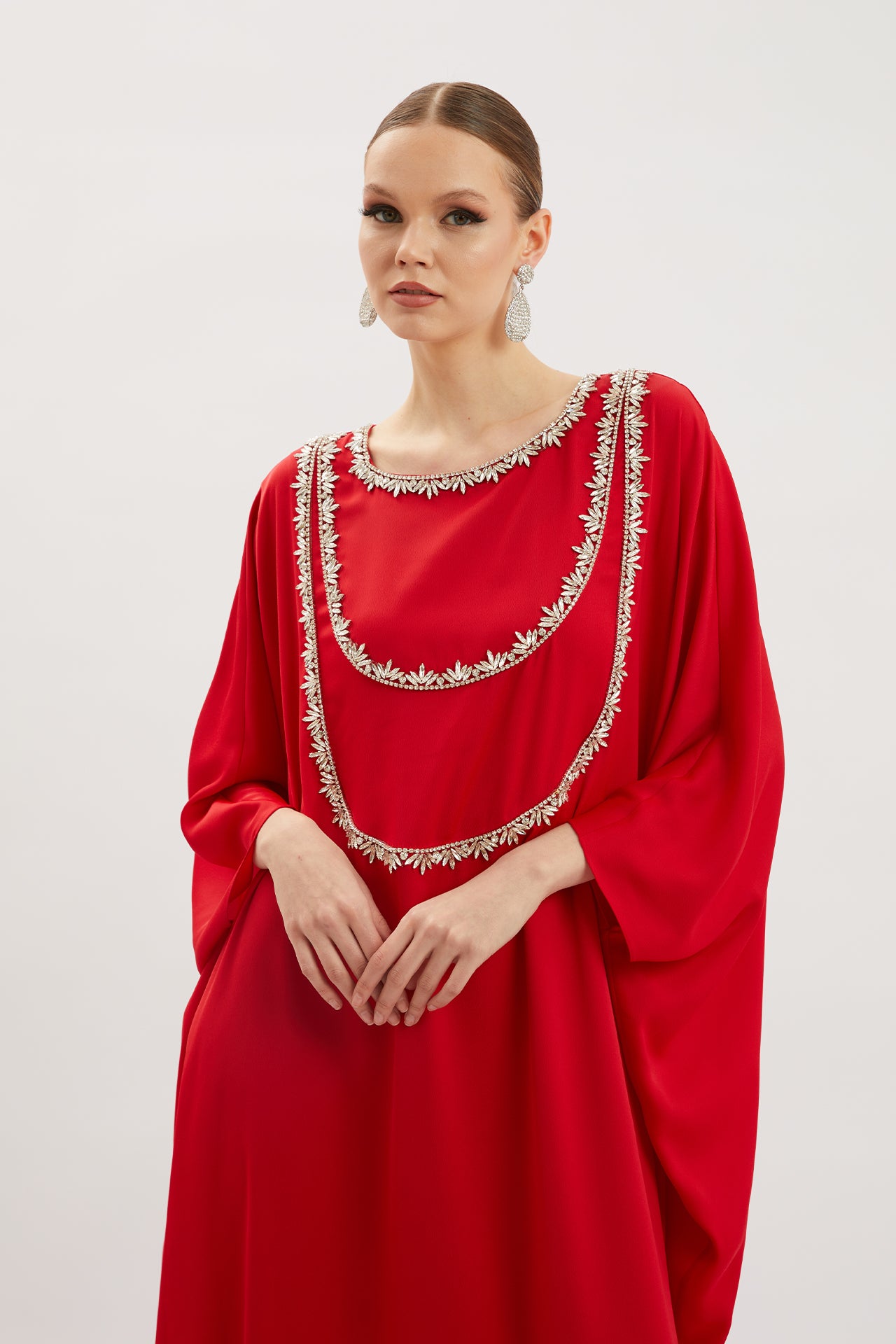 Stone Embellished Red Kaftan Dress