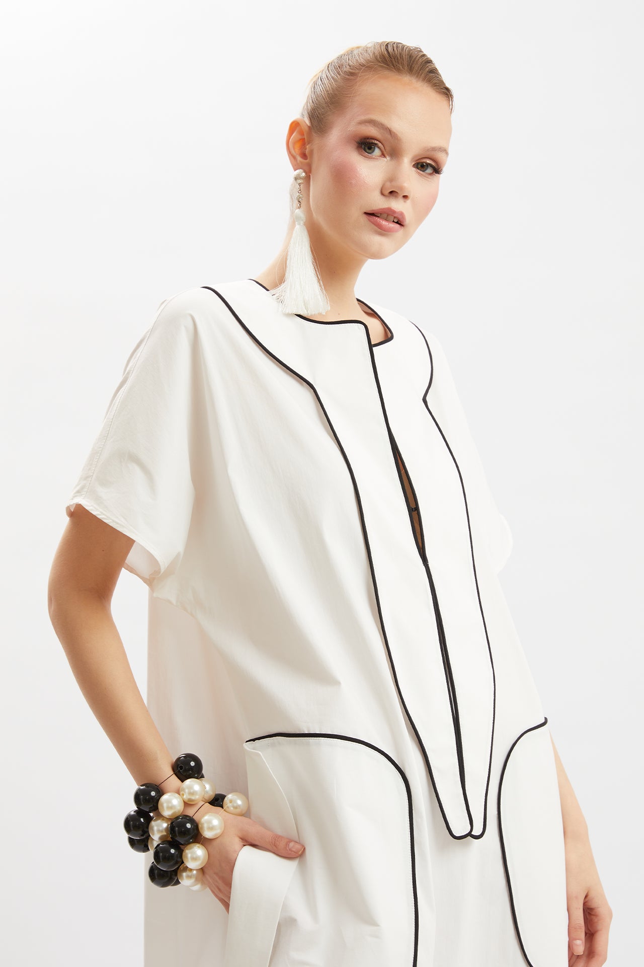 Black Midi Dress with Contrast Trim and Pocket Details