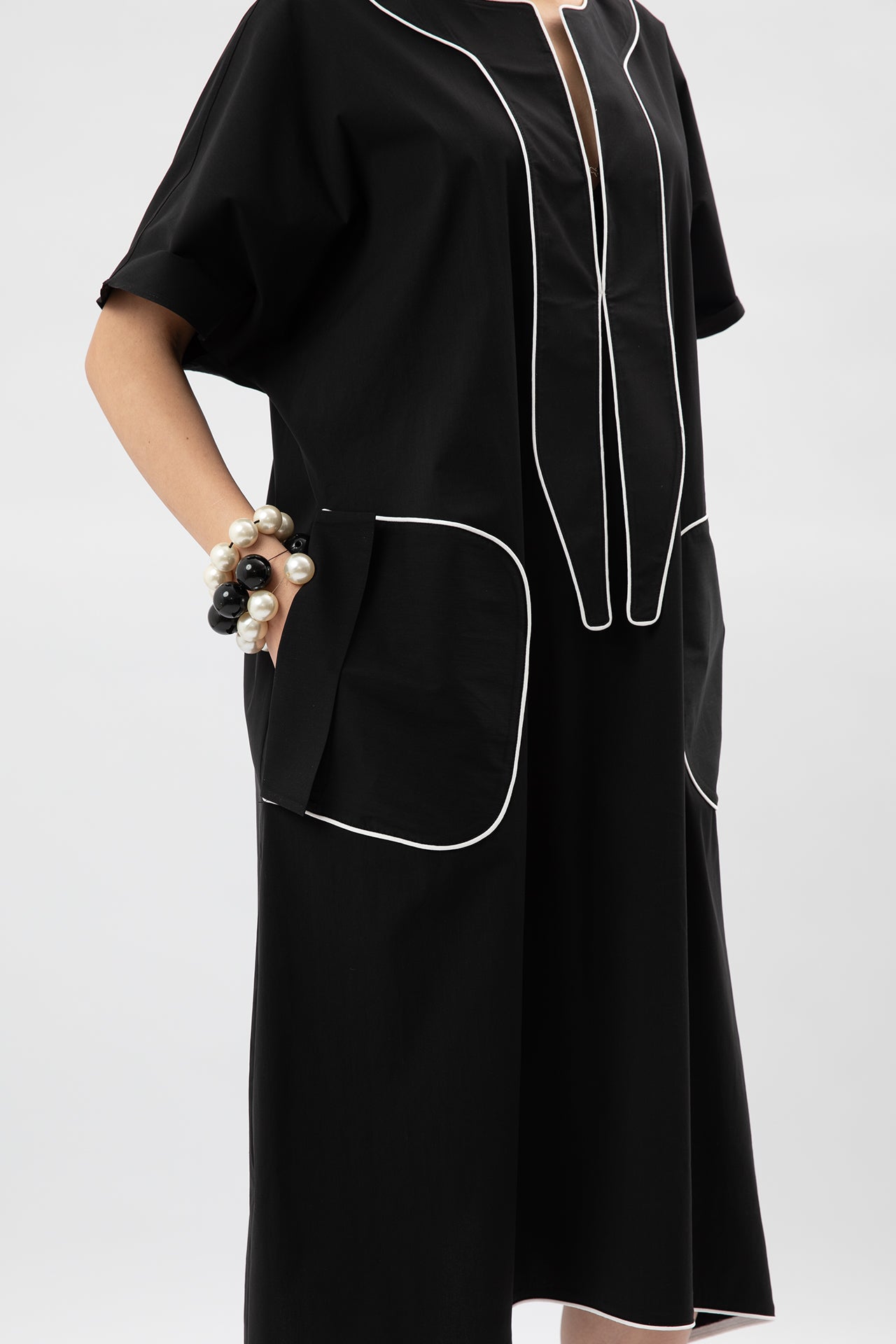 Black Midi Dress with Contrast Trim and Pocket Details