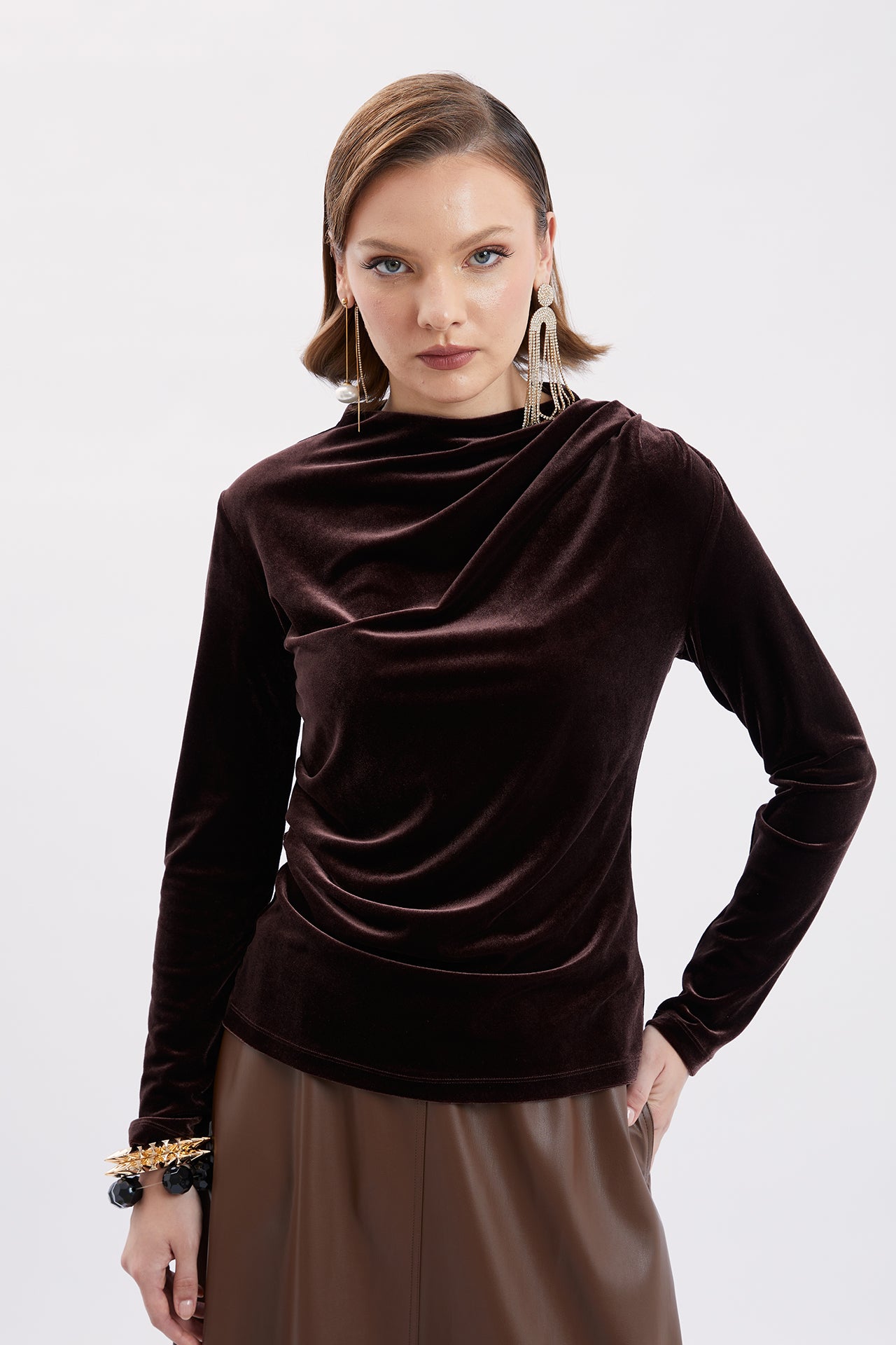 Pleated Detailed Velvet Blouse