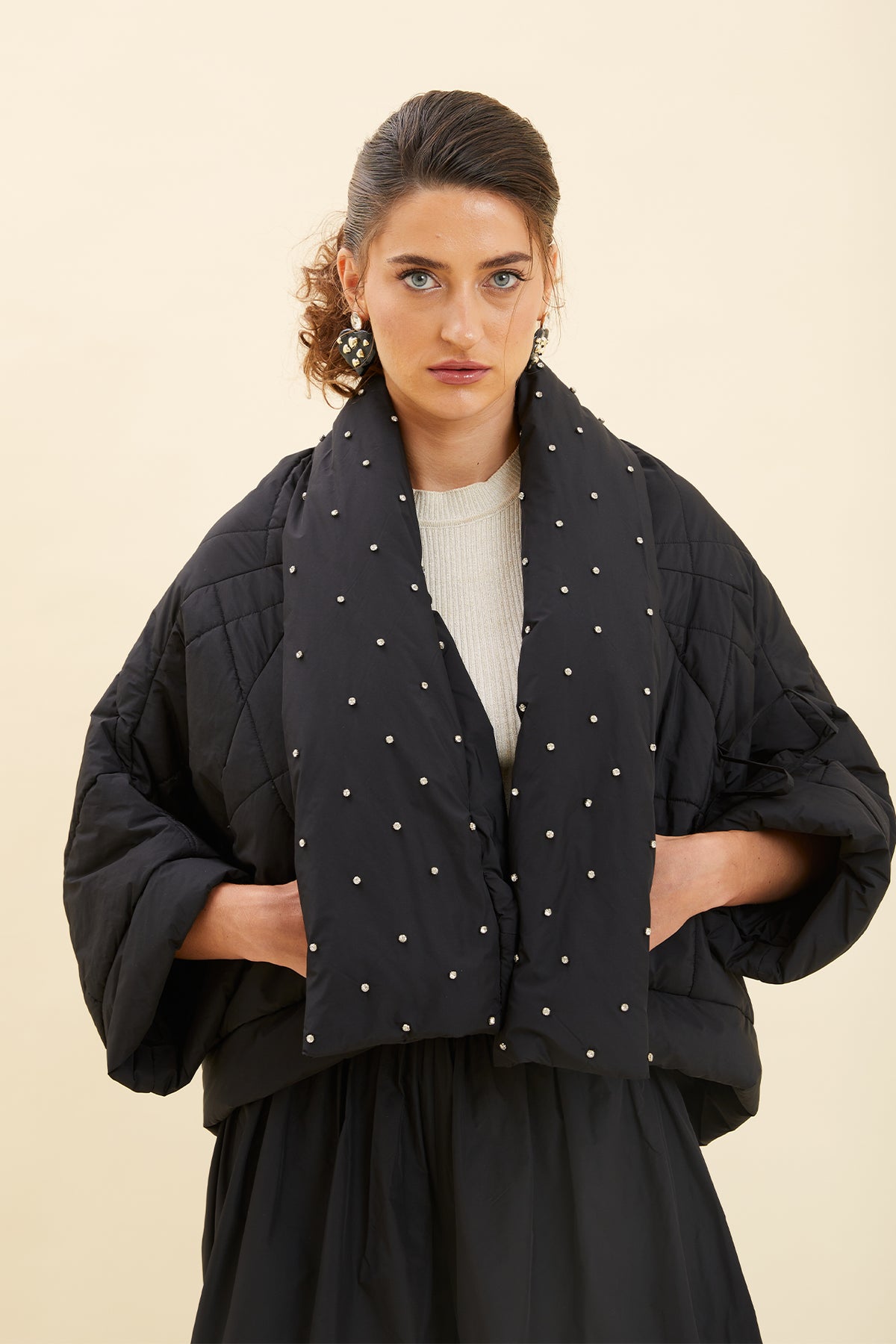 Black Embellished Shawl Collar Quilted Jacket