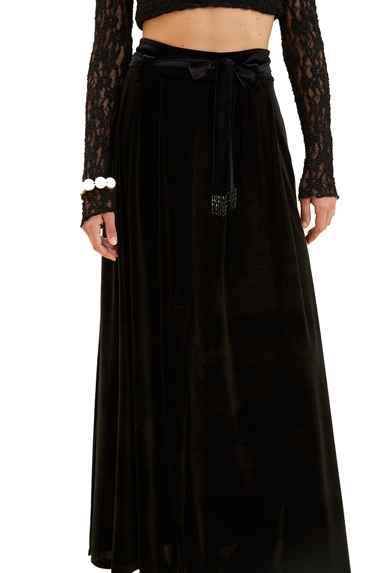 Pleated Velvet Maxi Skirt