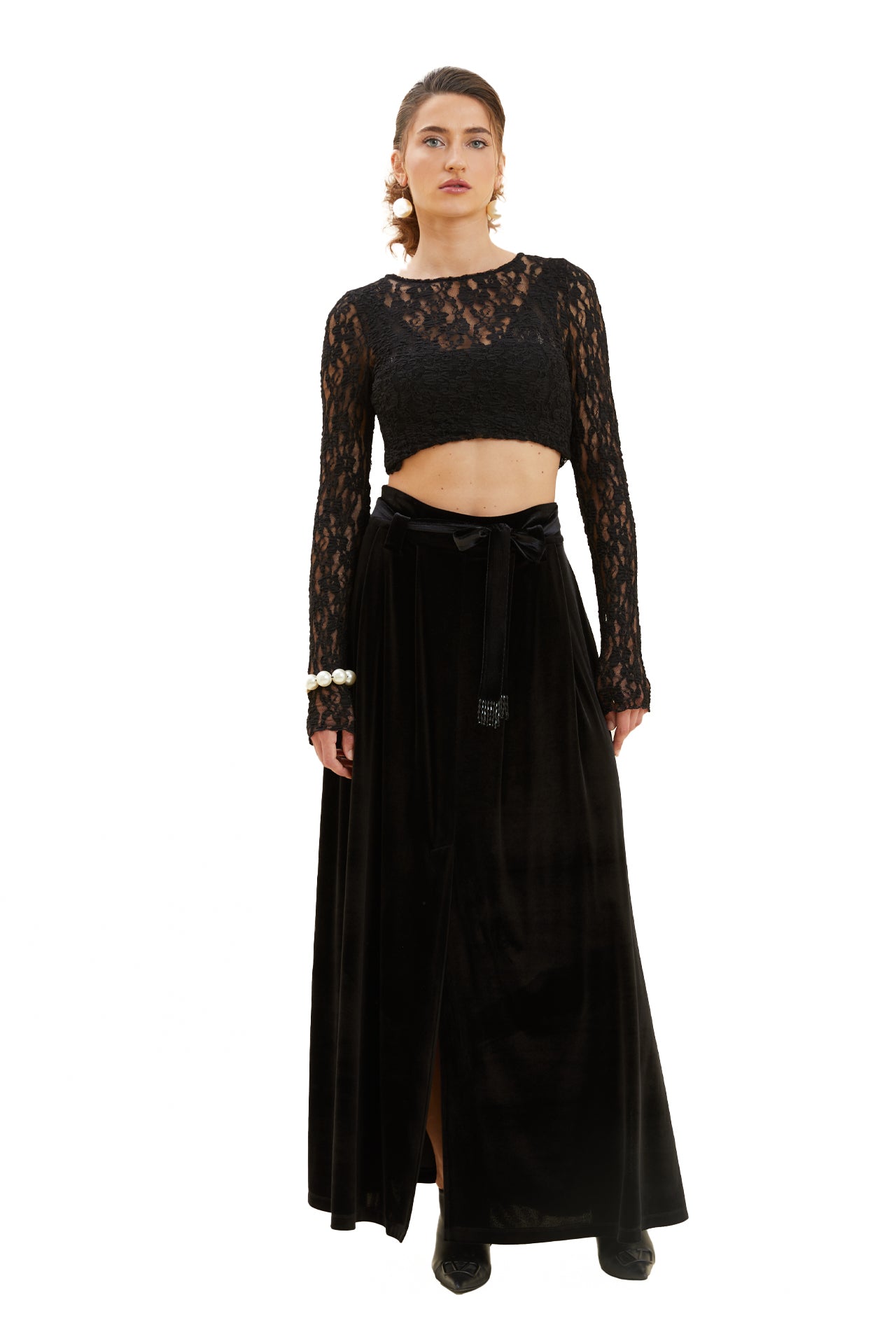 Pleated Velvet Maxi Skirt