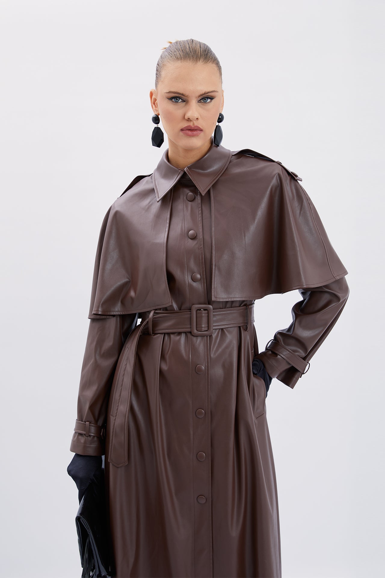 Leather Trench Coat with Cape Detail