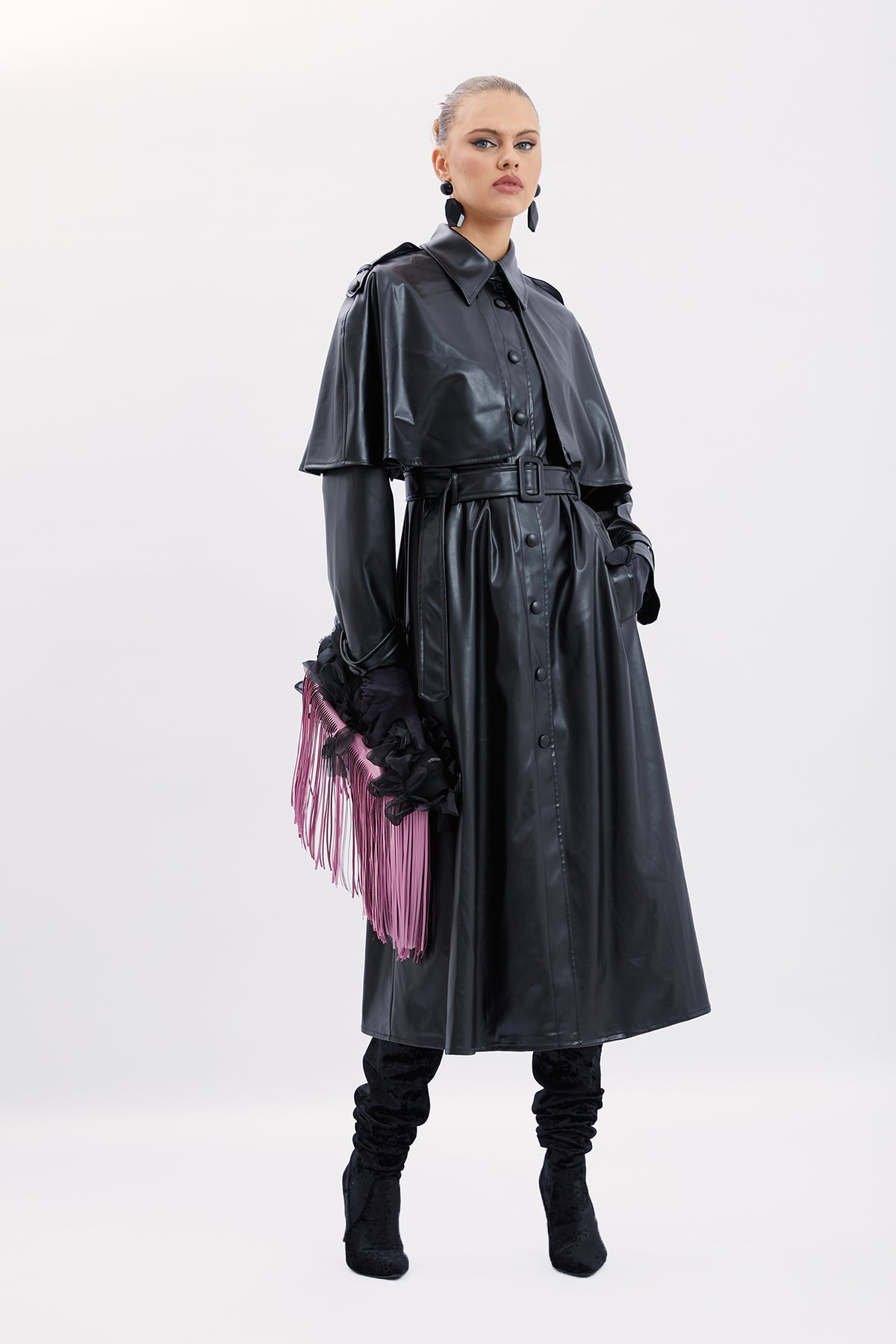 Leather Trench Coat with Cape Detail -