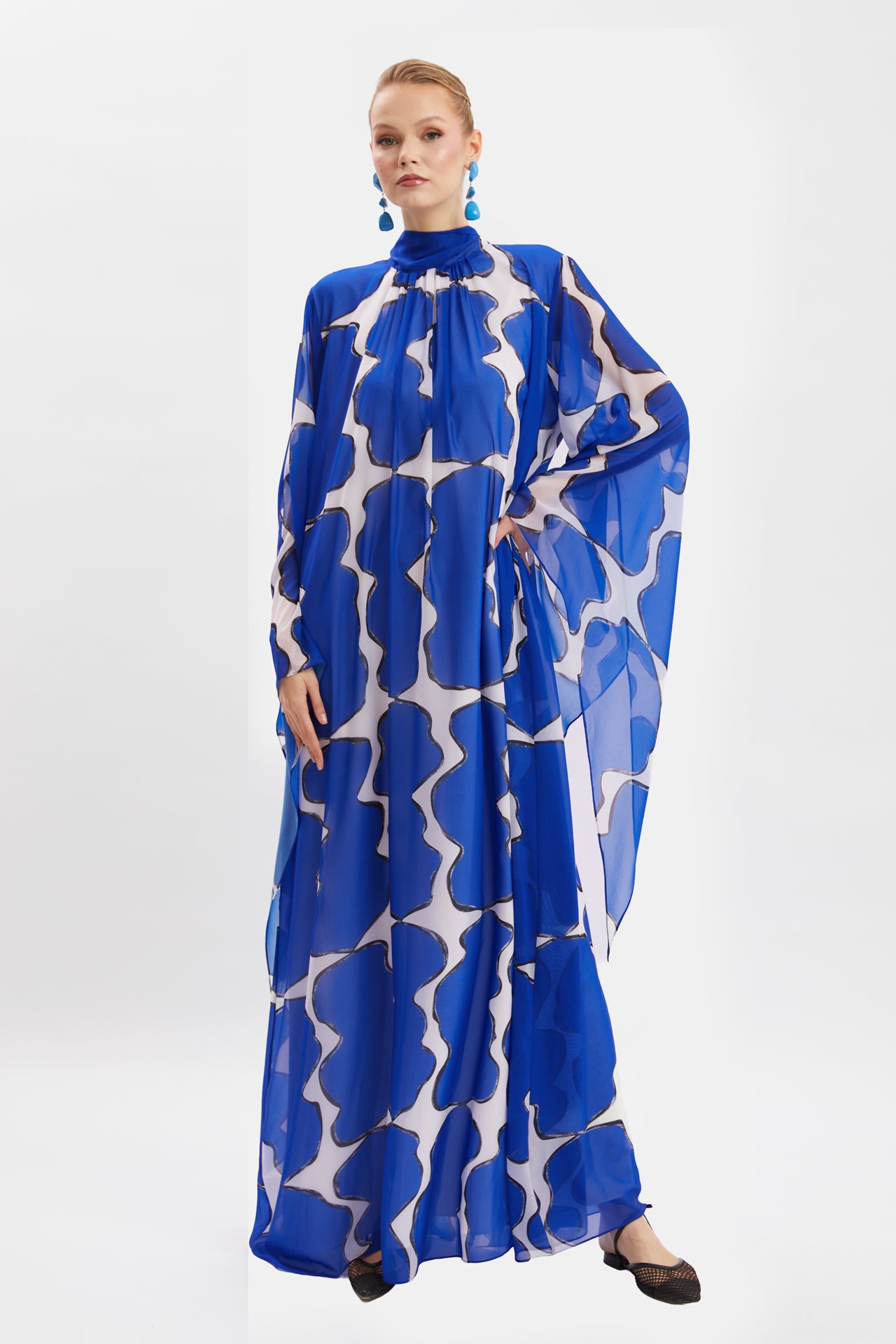Abstract Printed High-Neck Cape Maxi Dress
