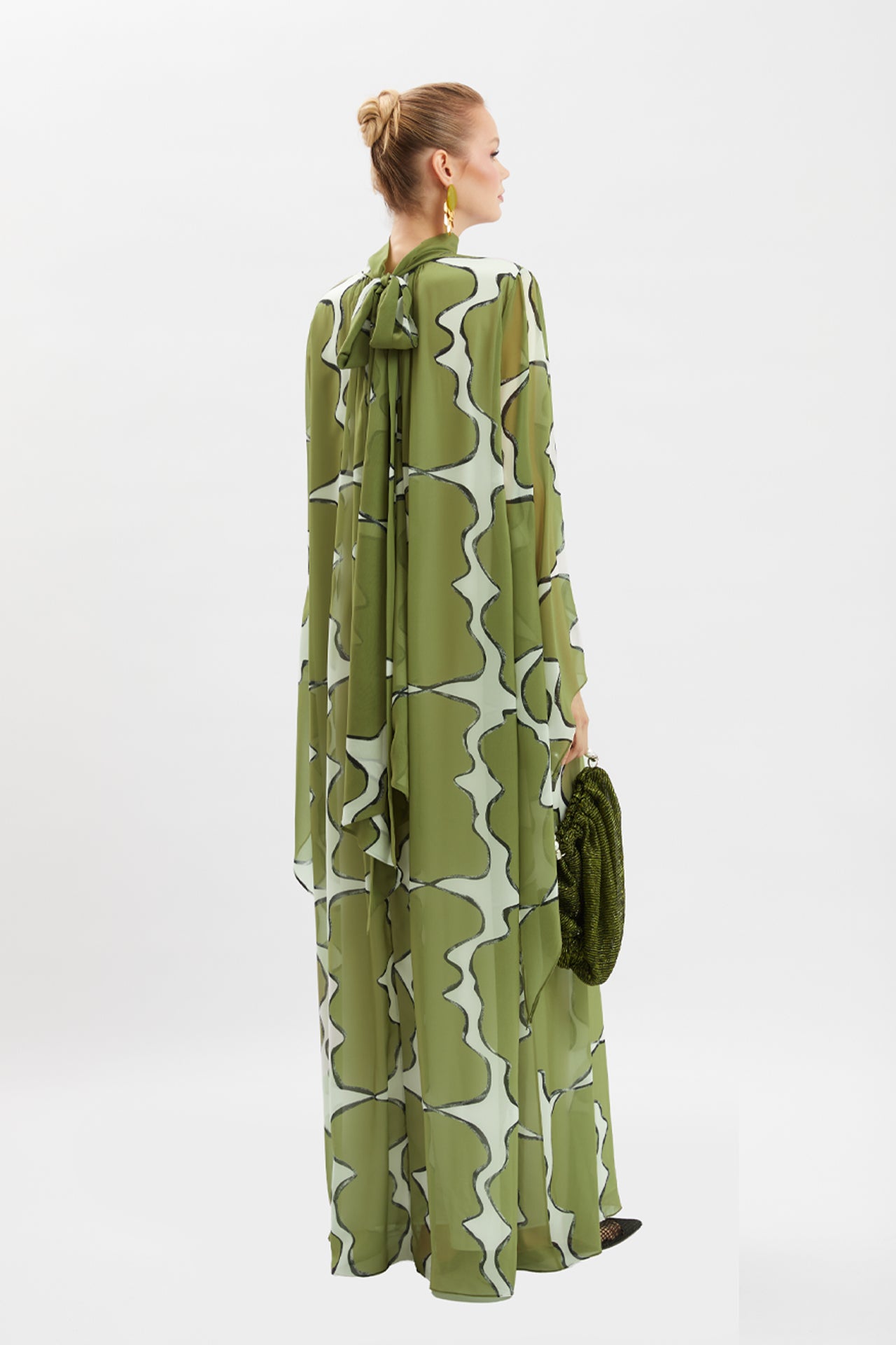 Abstract Printed High-Neck Cape Maxi Dress