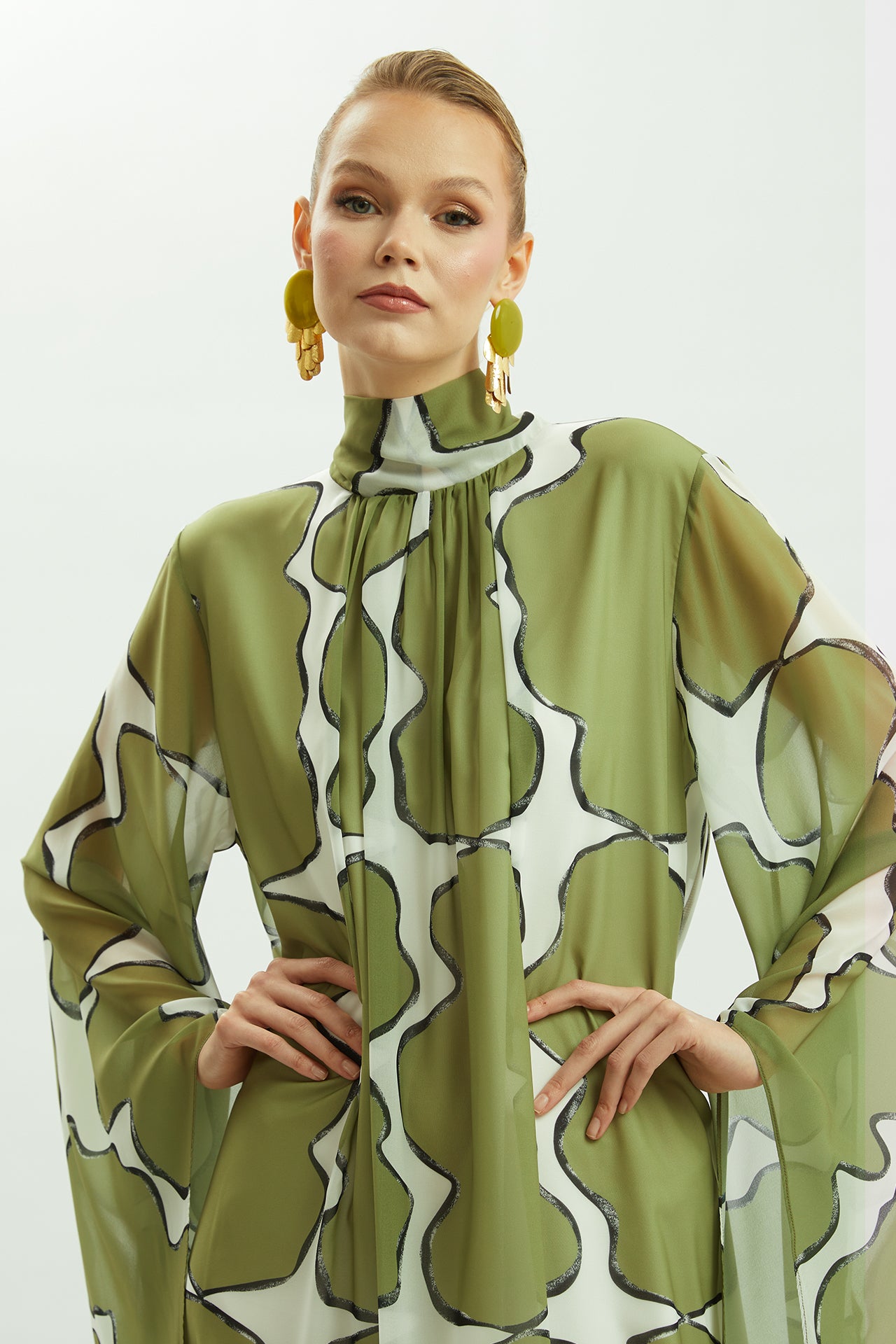 Abstract Printed High-Neck Cape Maxi Dress