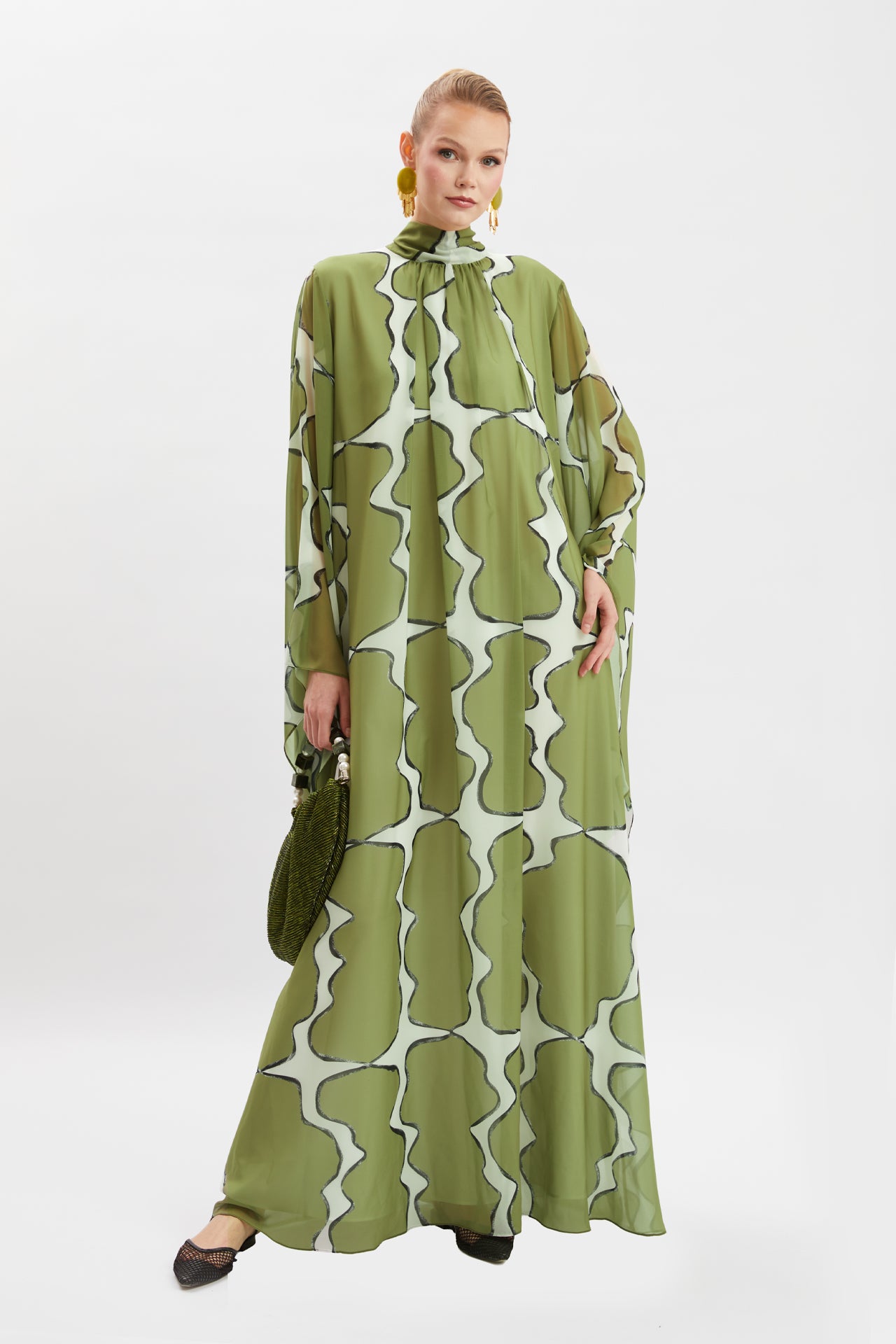 Abstract Printed High-Neck Cape Maxi Dress