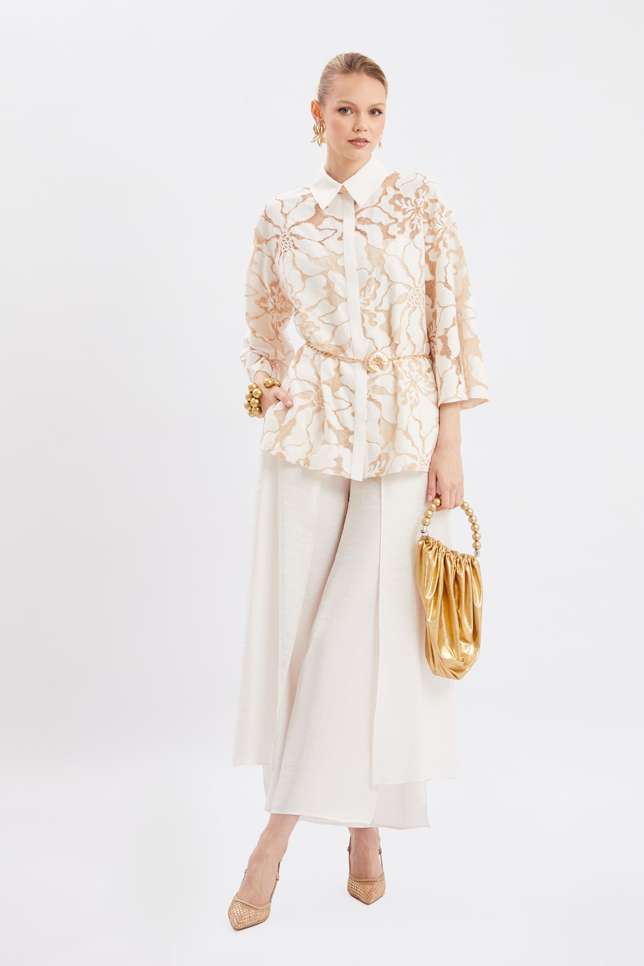 Floral Lace Shirt & Wide-Leg Pants Set