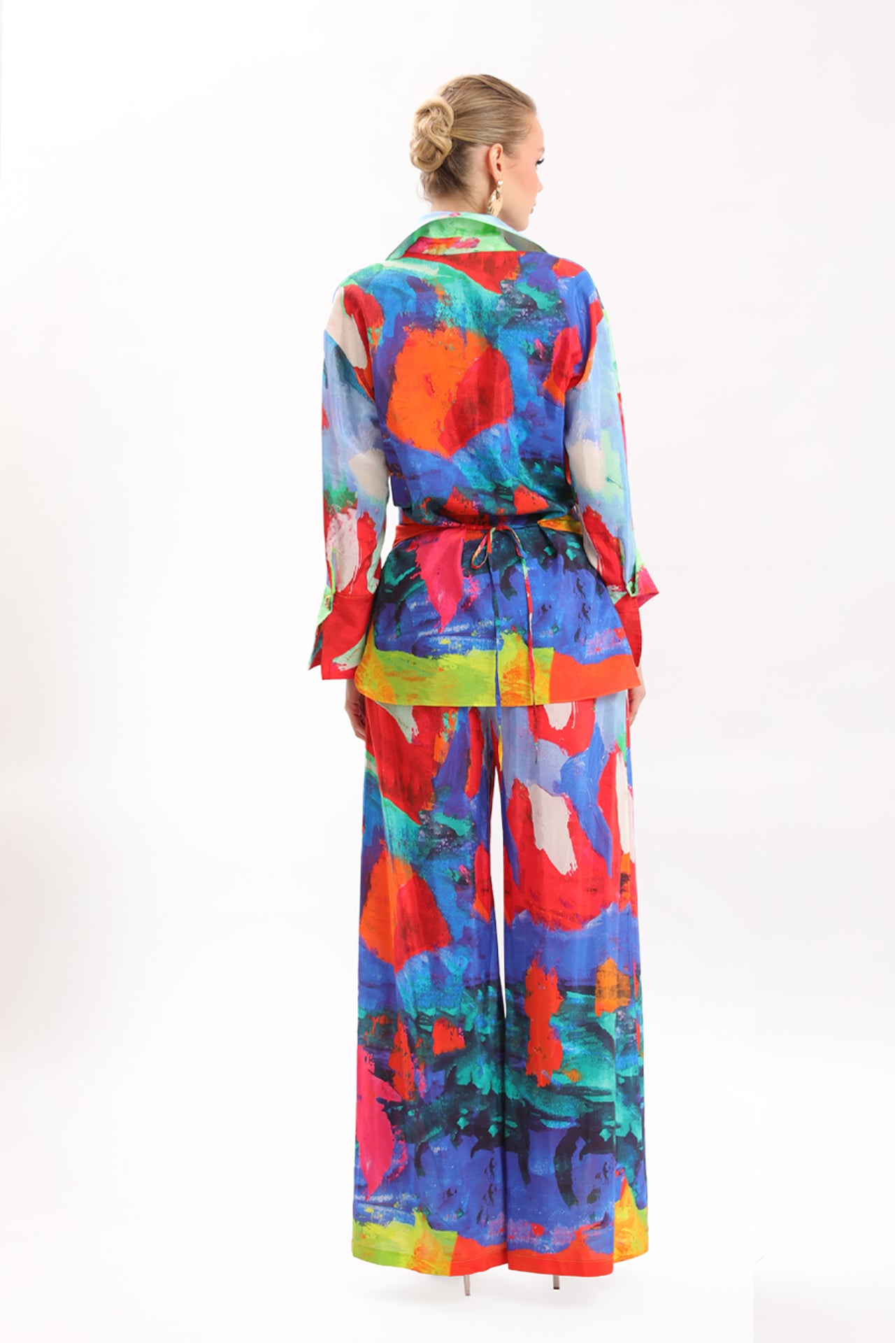Vibrant Abstract Print Shirt & Wide-Leg Pants Set