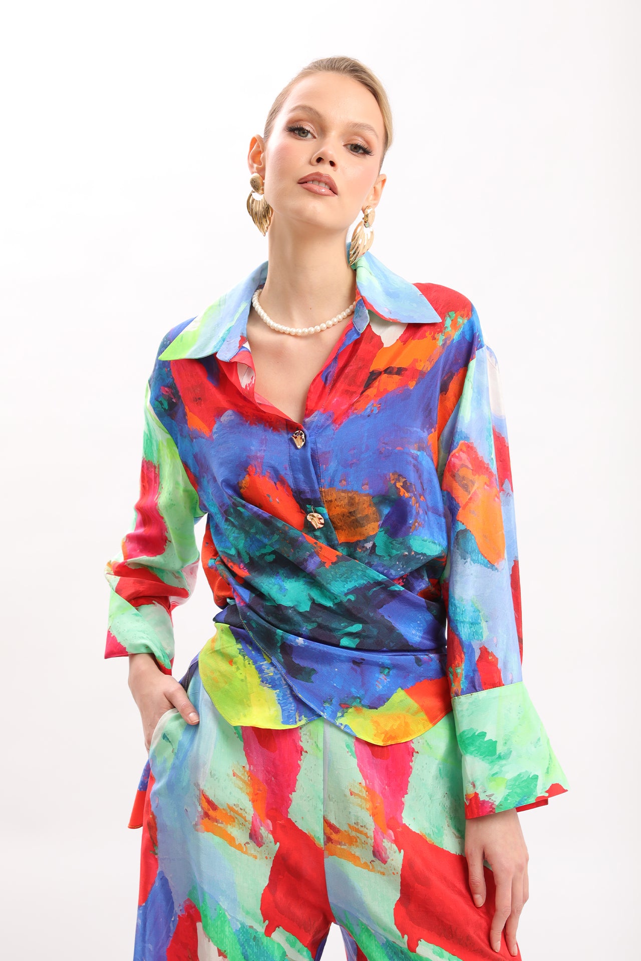 Vibrant Abstract Print Shirt & Wide-Leg Pants Set