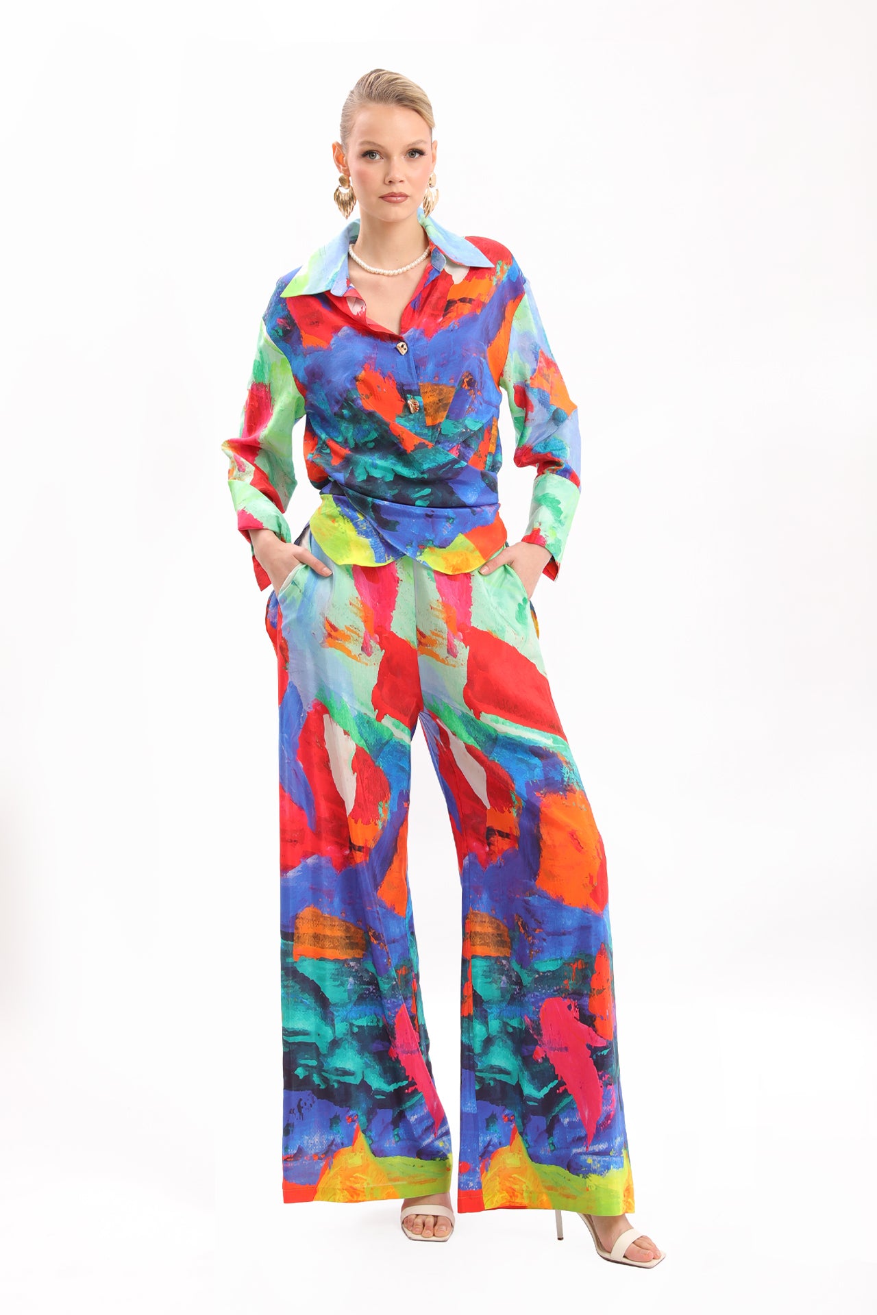 Vibrant Abstract Print Shirt & Wide-Leg Pants Set