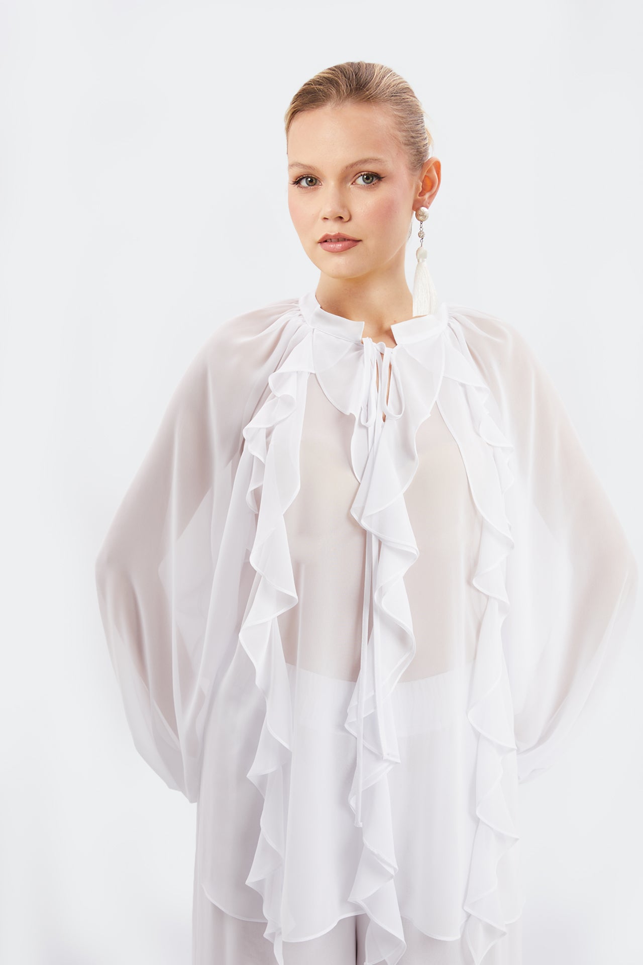 Chiffon Ruffled Blouse & Wide-Leg Pants Set