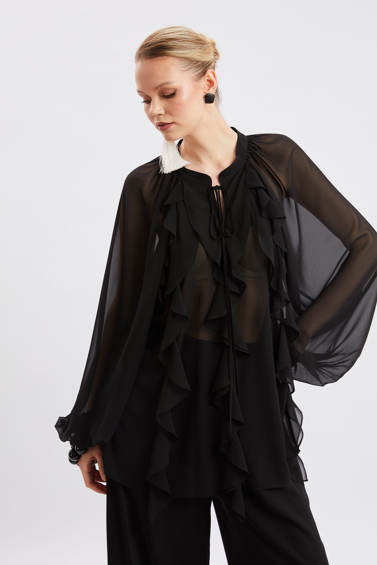 Chiffon Ruffled Blouse & Wide-Leg Pants Set