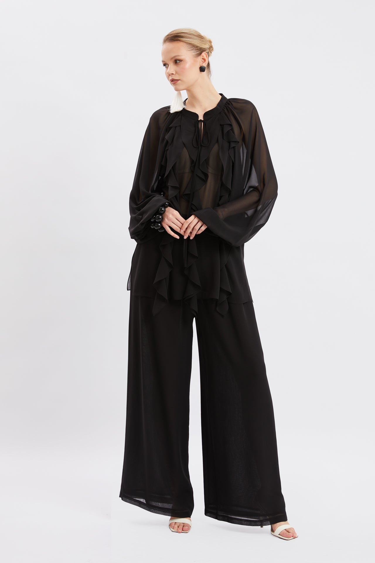 Chiffon Ruffled Blouse & Wide-Leg Pants Set
