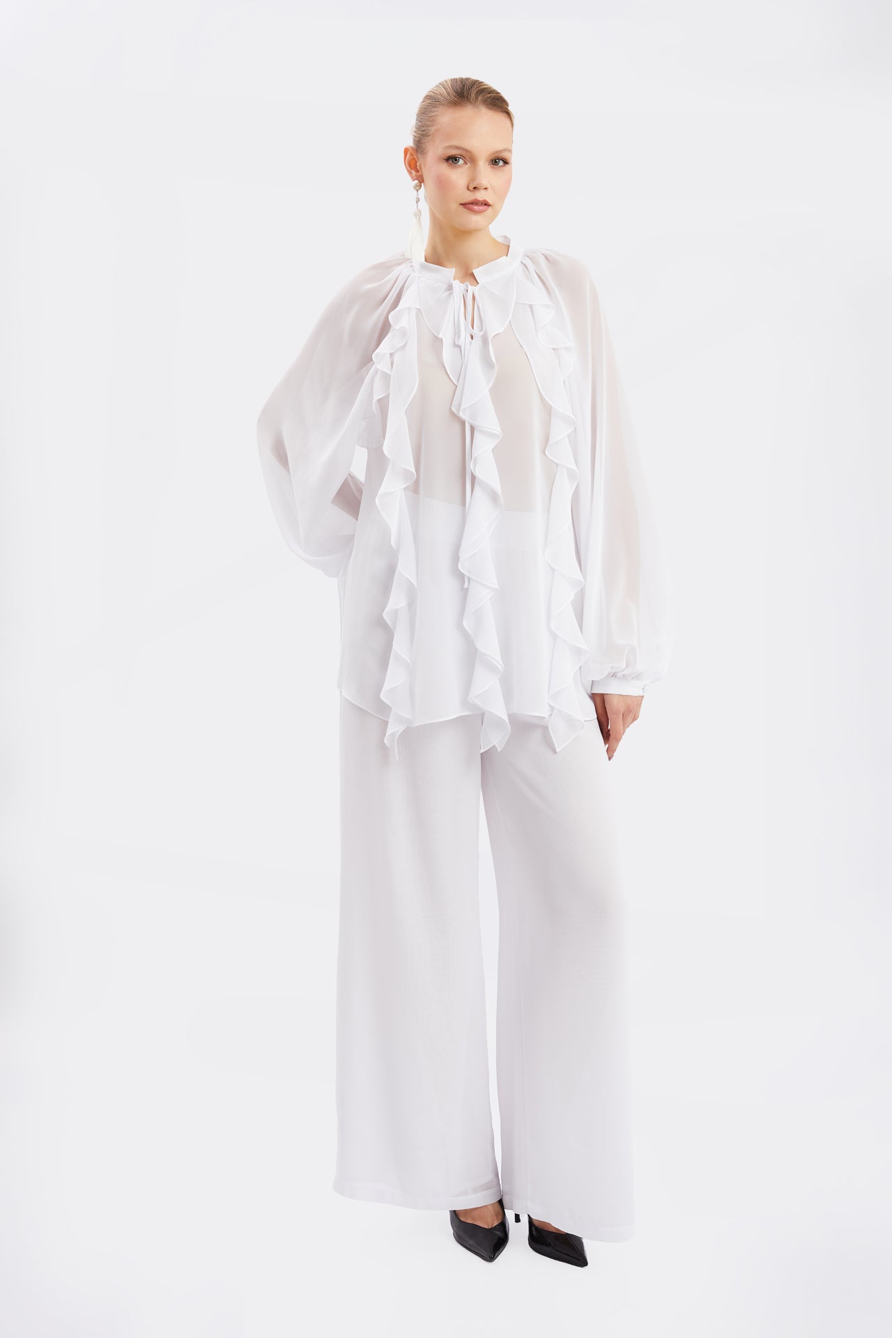 Chiffon Ruffled Blouse & Wide-Leg Pants Set