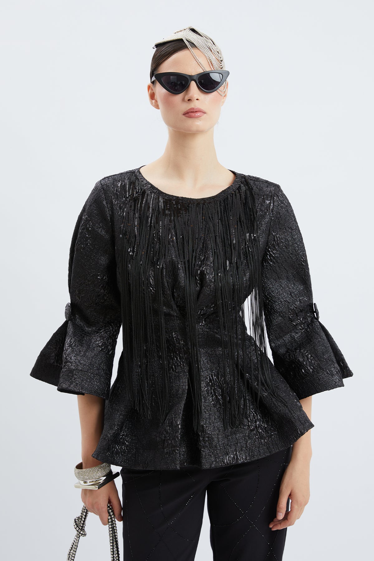 Metallic Jacquard Fringe Evening Top