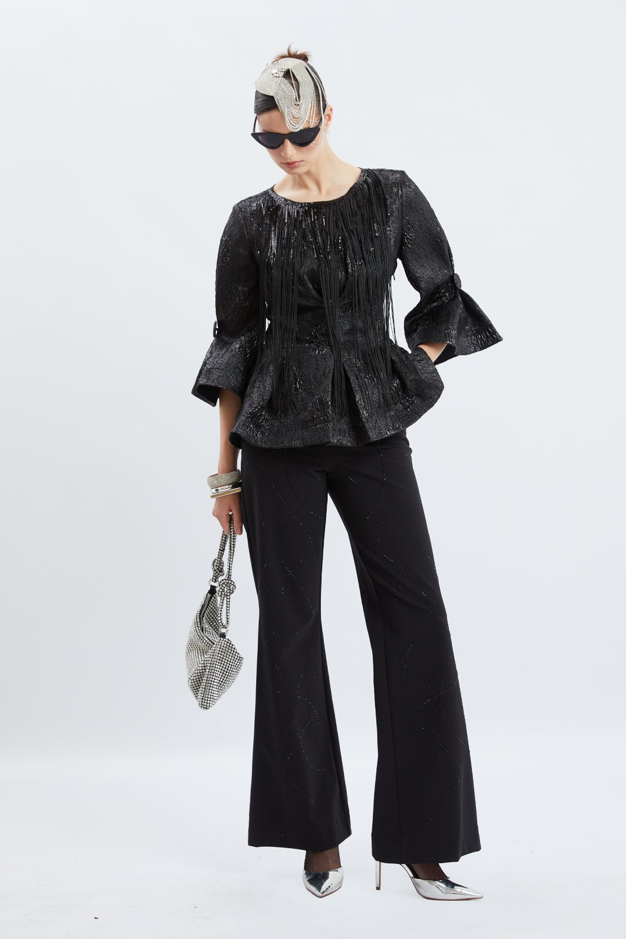 Metallic Jacquard Fringe Evening Top