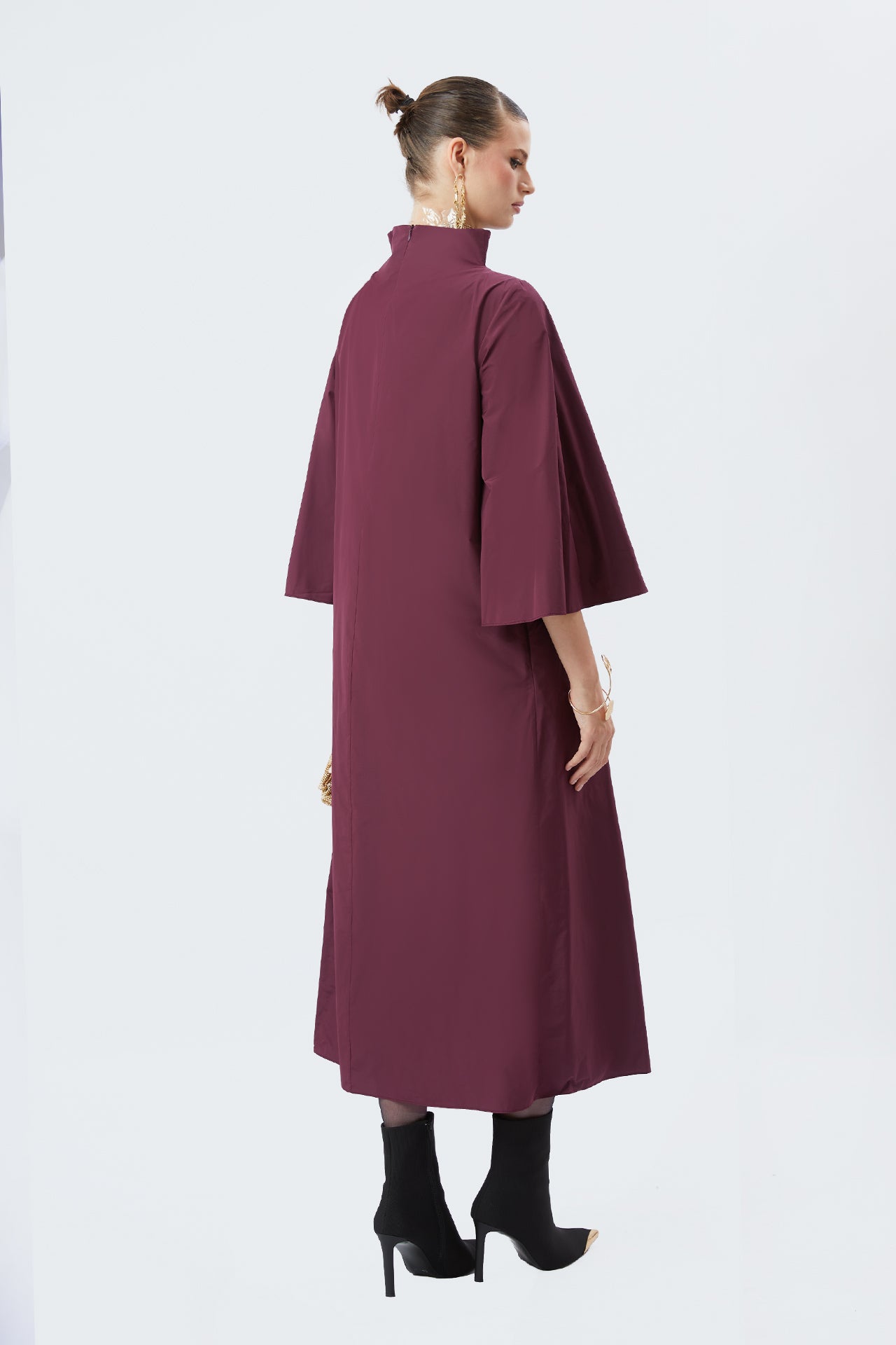 High-Neck Bell-Sleeve Poplin Maxi Dress