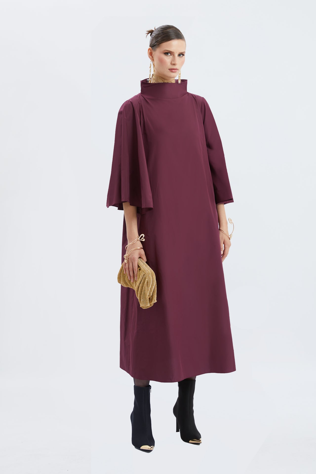 High-Neck Bell-Sleeve Poplin Maxi Dress