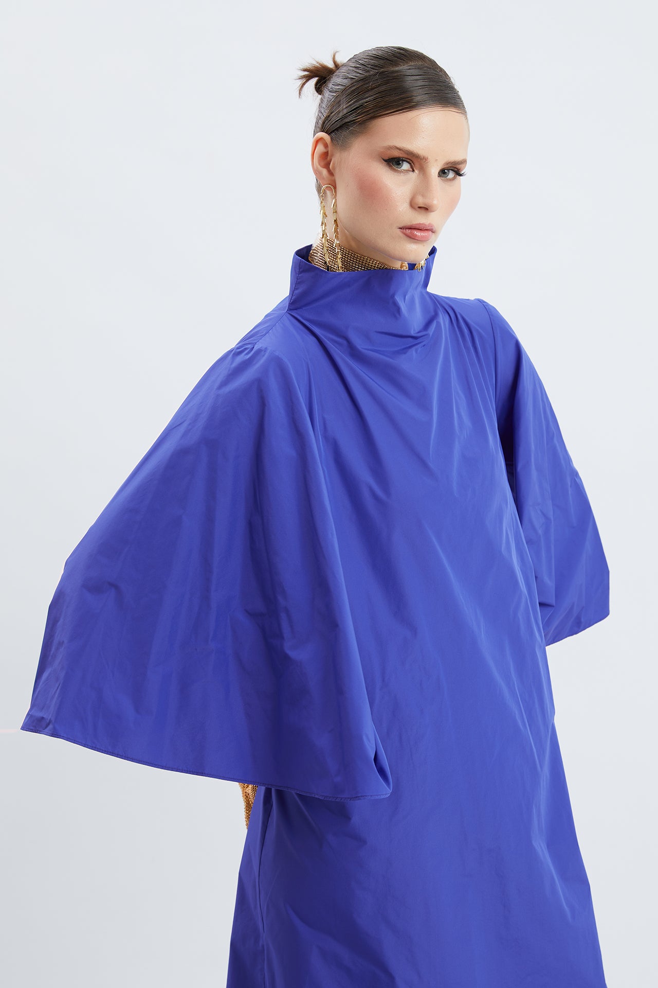 High-Neck Bell-Sleeve Poplin Maxi Dress