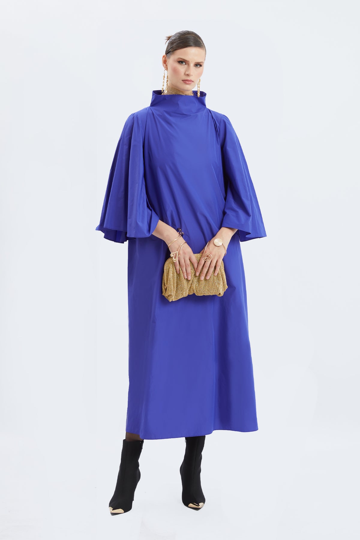 High-Neck Bell-Sleeve Poplin Maxi Dress
