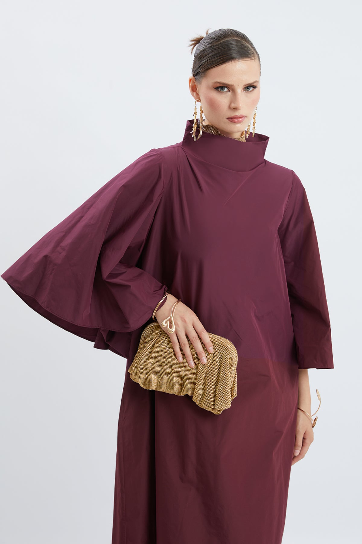 High-Neck Bell-Sleeve Poplin Maxi Dress