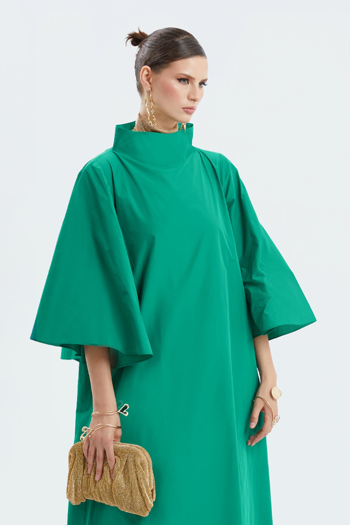 High-Neck Bell-Sleeve Poplin Maxi Dress