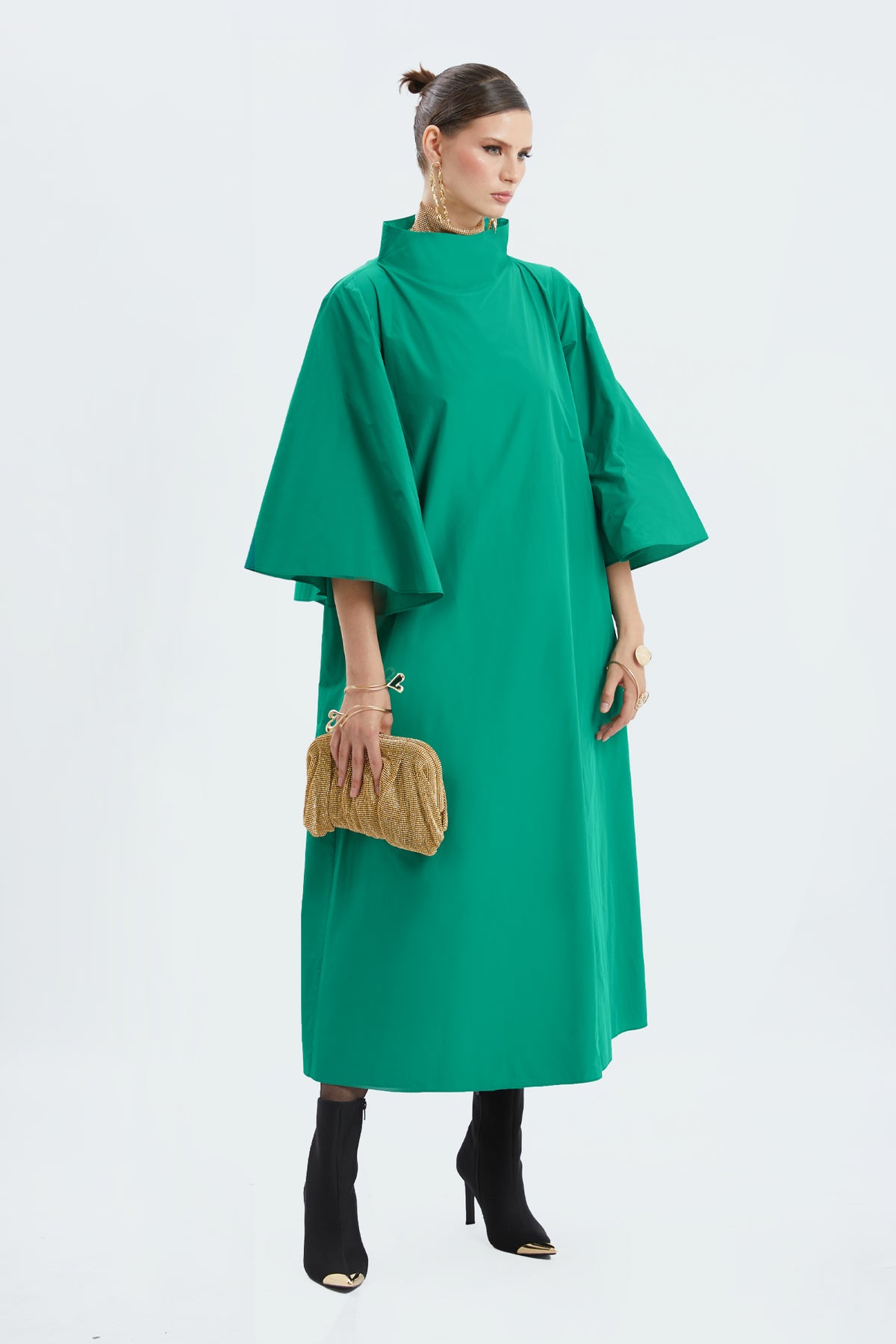 High-Neck Bell-Sleeve Poplin Maxi Dress