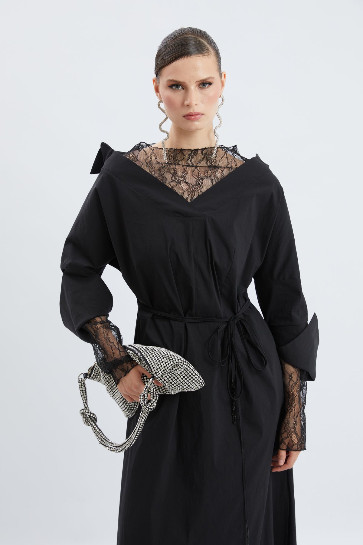 Black Lace Panel Off-the-Shoulder Belted Maxi Dress