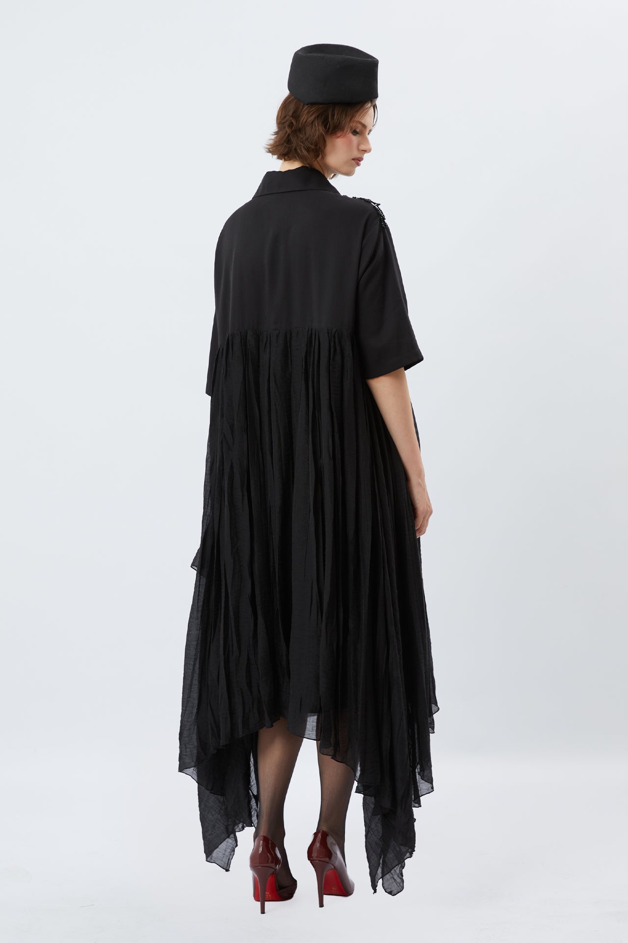 Black Beaded Shoulder Pleated Midi Dress