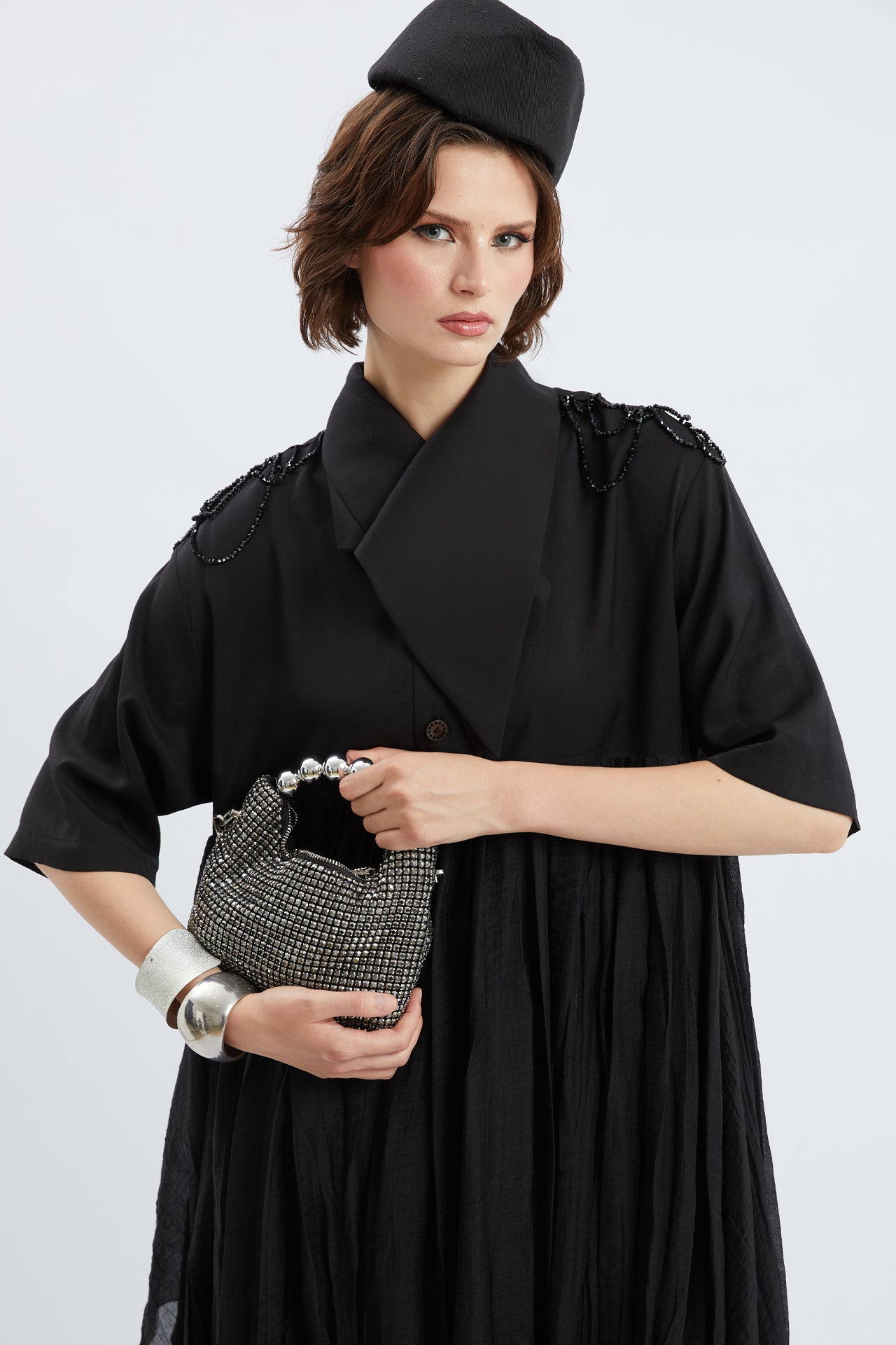 Black Beaded Shoulder Pleated Midi Dress