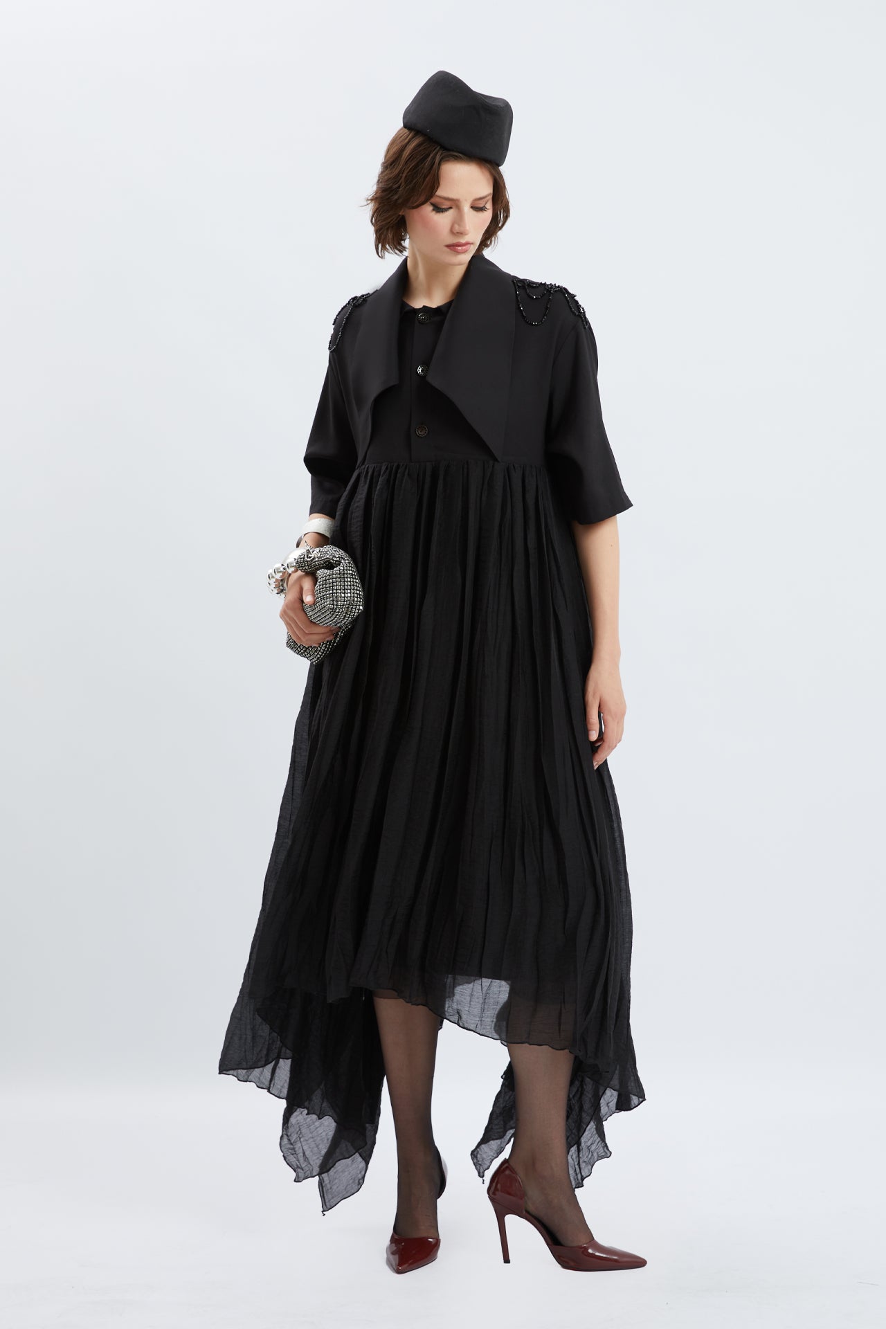 Black Beaded Shoulder Pleated Midi Dress